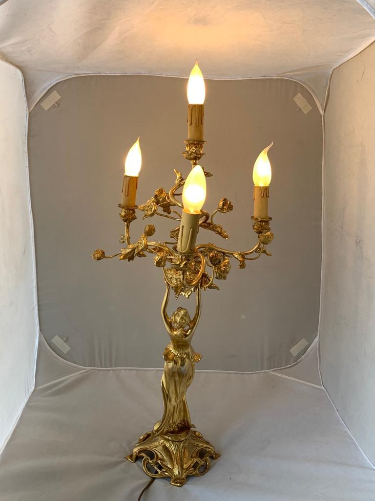 Early 20th Century Antique Art Nouveau Golden Bronze Table Lamp For Sale