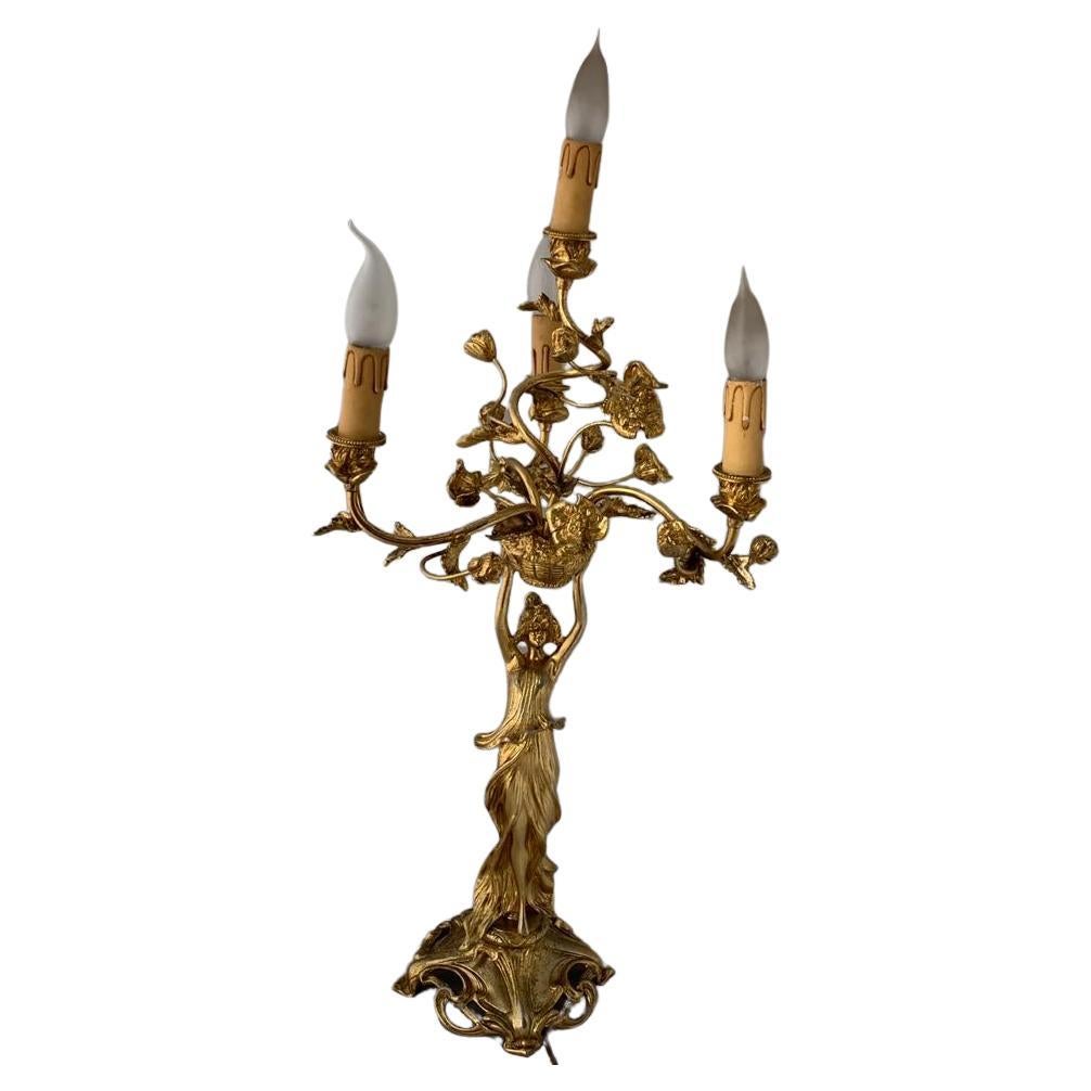 Antique Art Nouveau Golden Bronze Table Lamp For Sale
