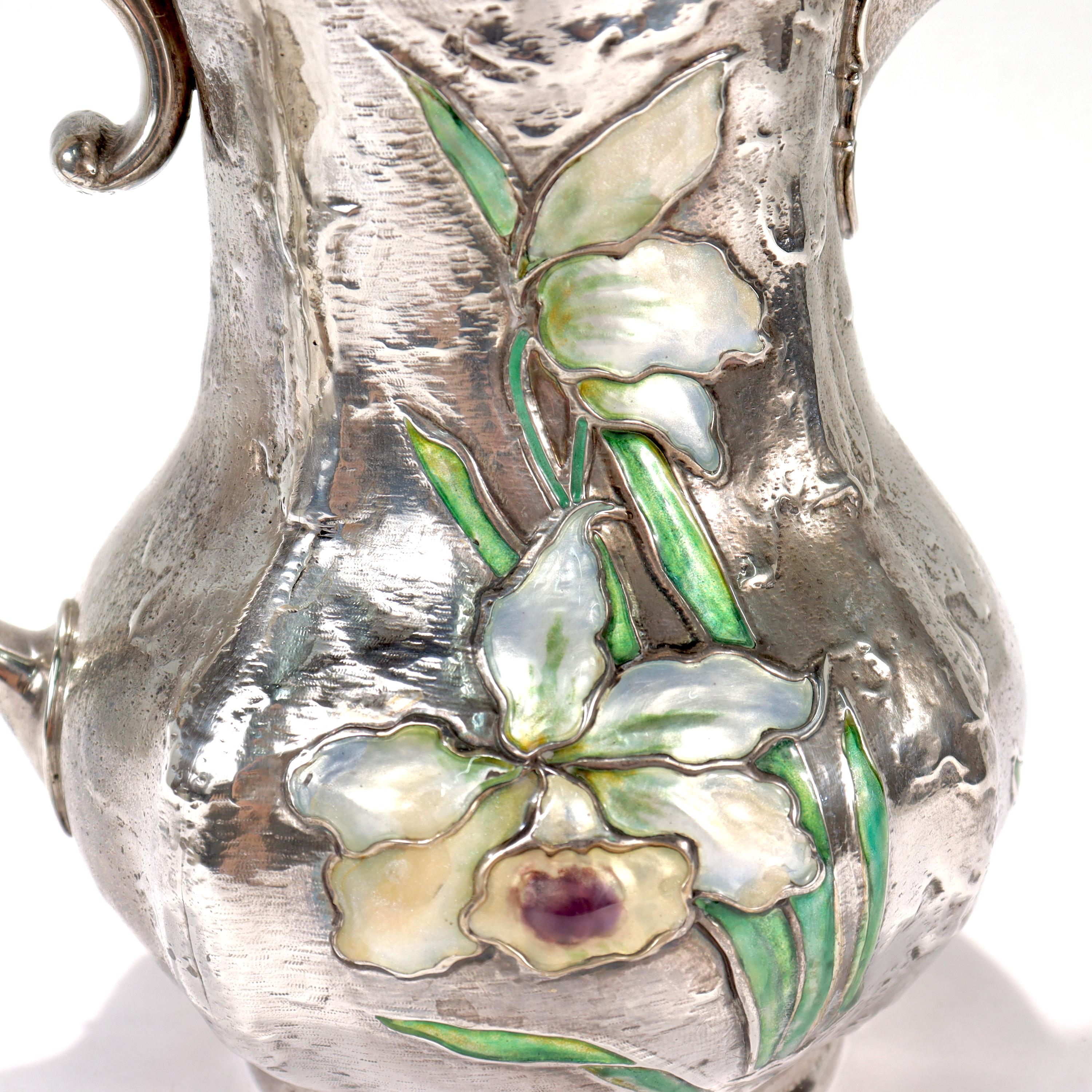 Pichet ou aiguière antique en argent sterling Art Nouveau Gorham avec fleurs en émail en vente 7