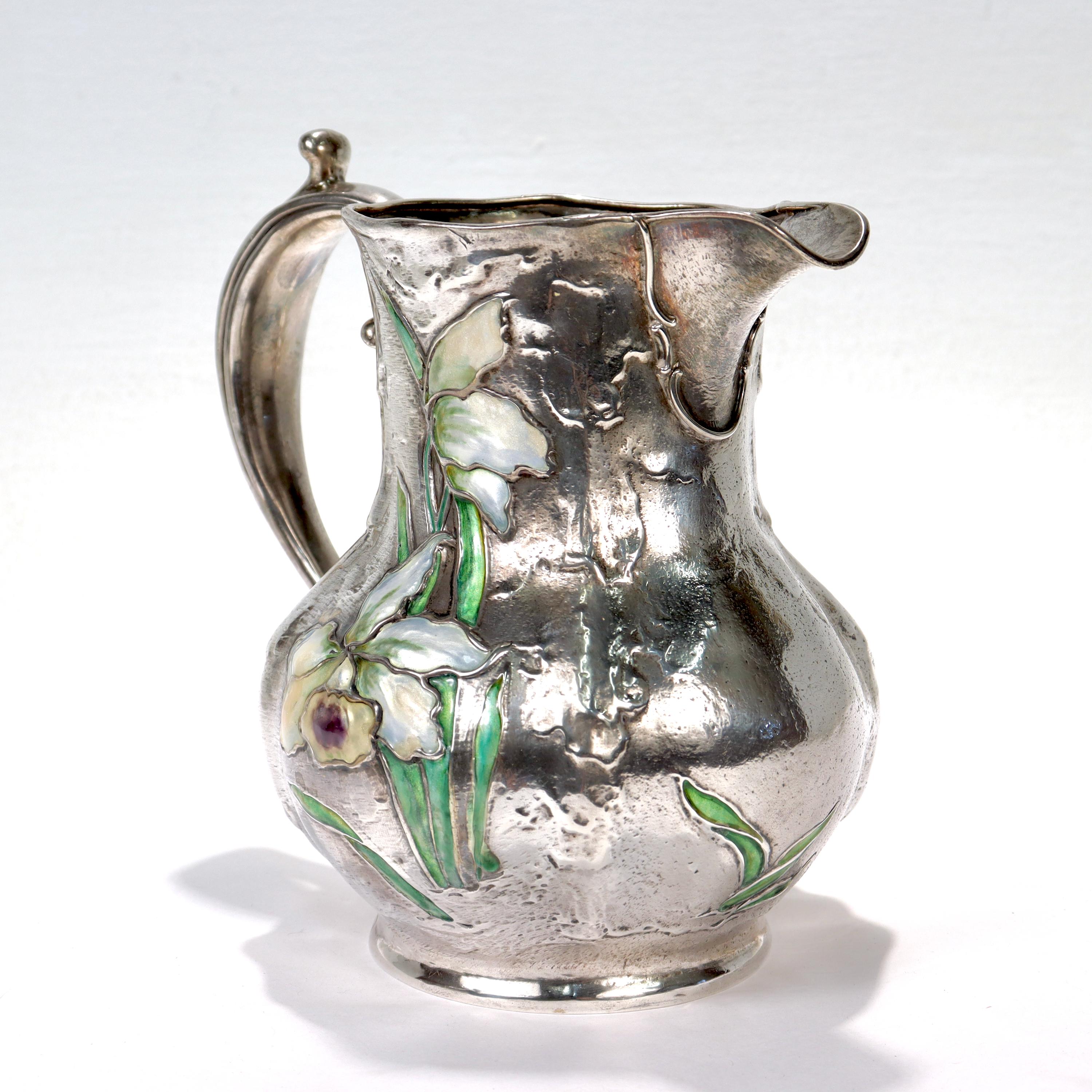 Women's or Men's Antique Art Nouveau Gorham Sterling Silver Pitcher or Ewer with Enamel Flowers For Sale