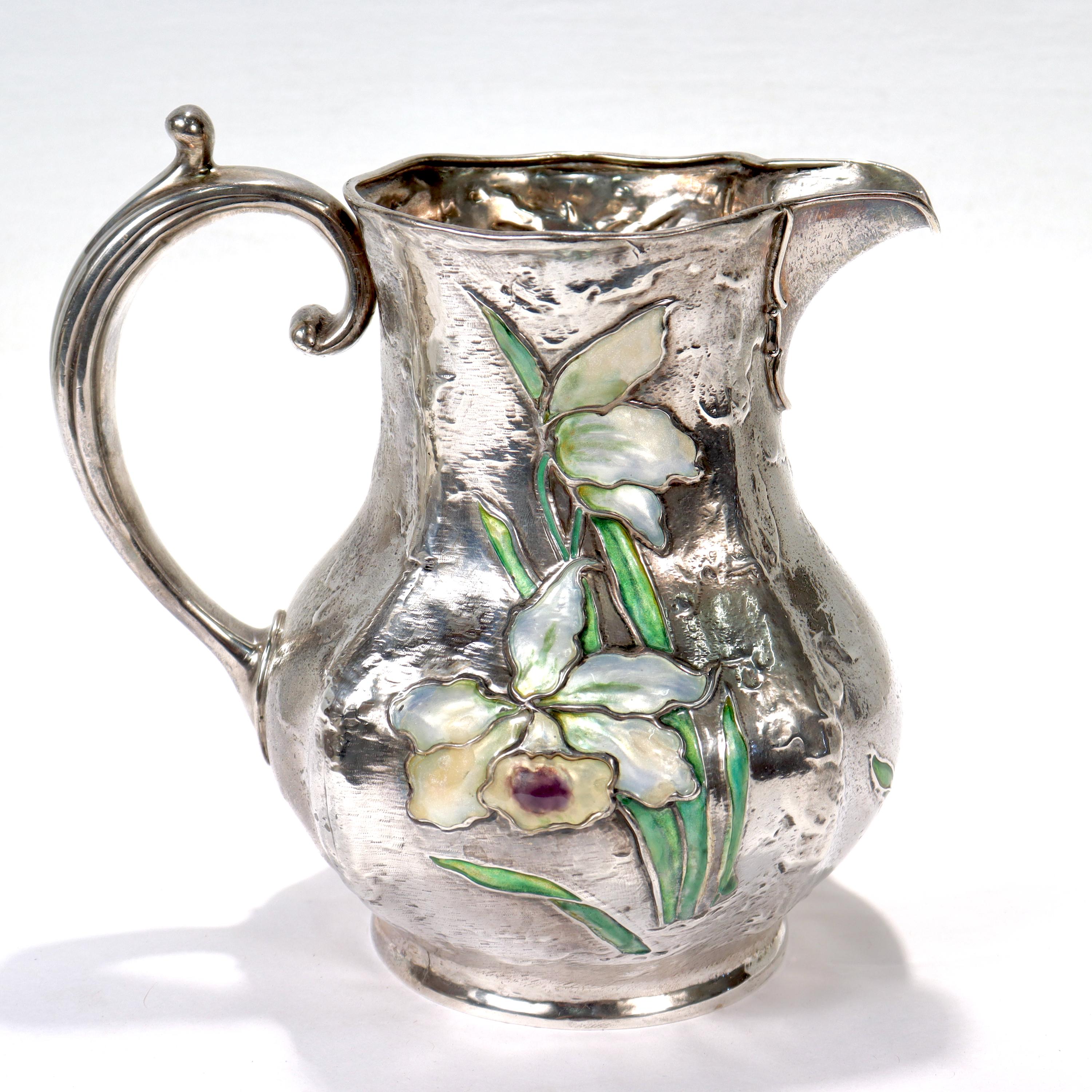 Antique Art Nouveau Gorham Sterling Silver Pitcher or Ewer with Enamel Flowers In Good Condition For Sale In Philadelphia, PA