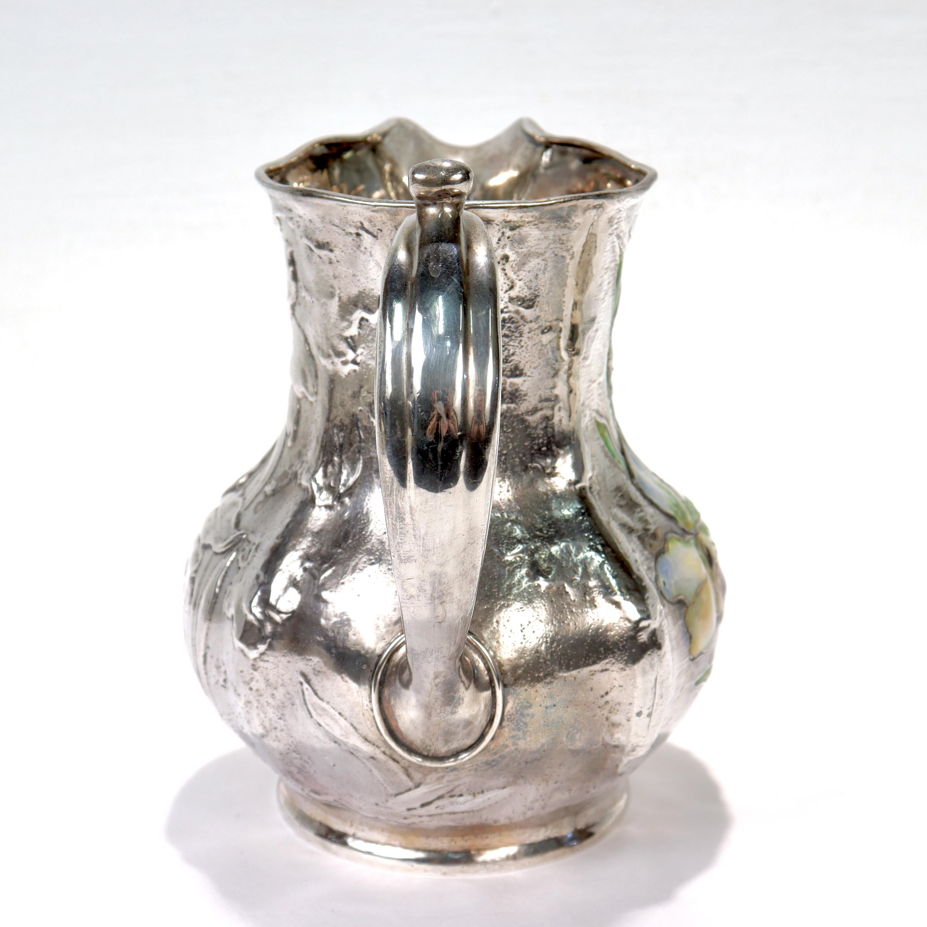 Antique Art Nouveau Gorham Sterling Silver Pitcher or Ewer with Enamel Flowers For Sale 1