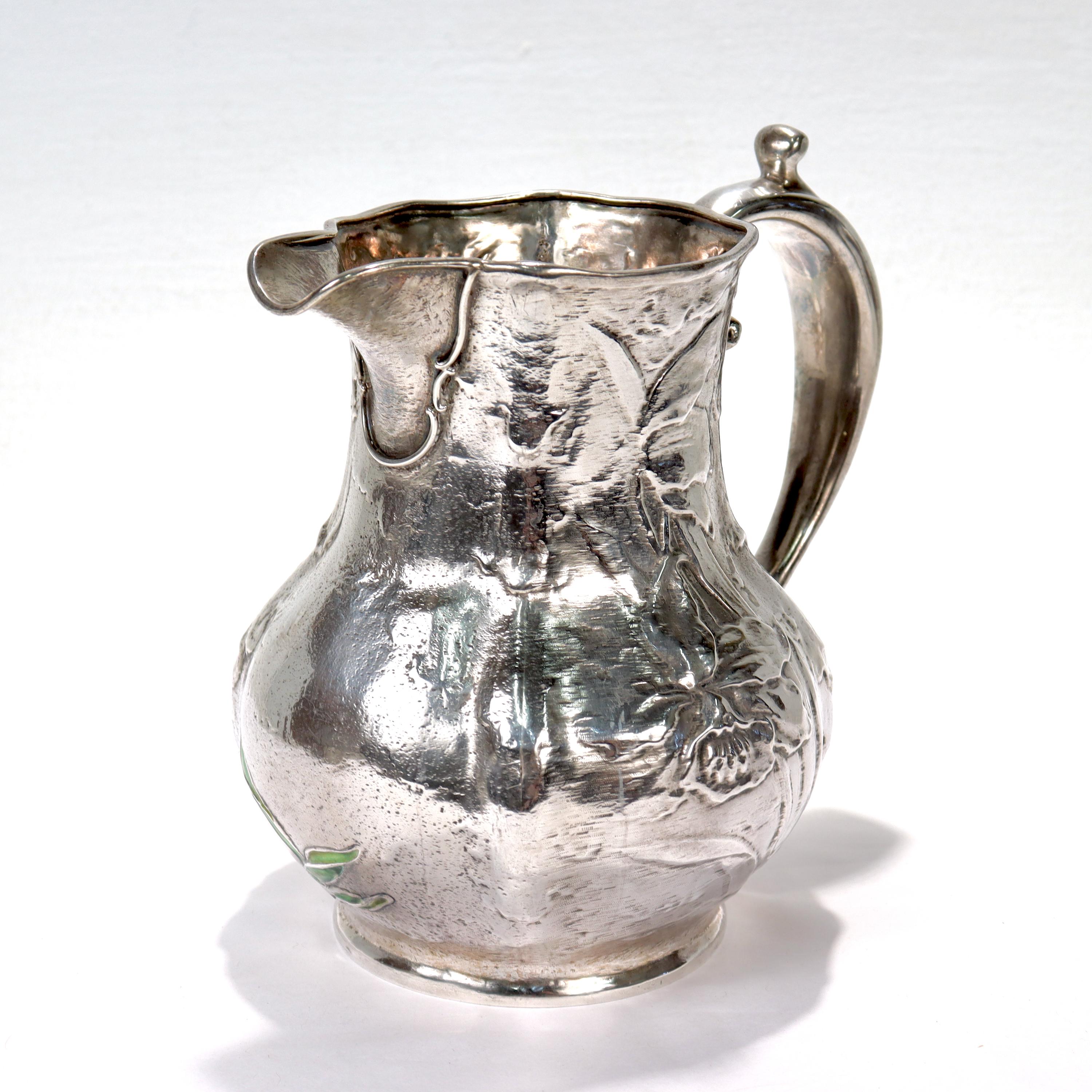 Antike Art Nouveau Gorham Sterling Silber Krug oder Ewer mit Emaille Blumen im Angebot 3