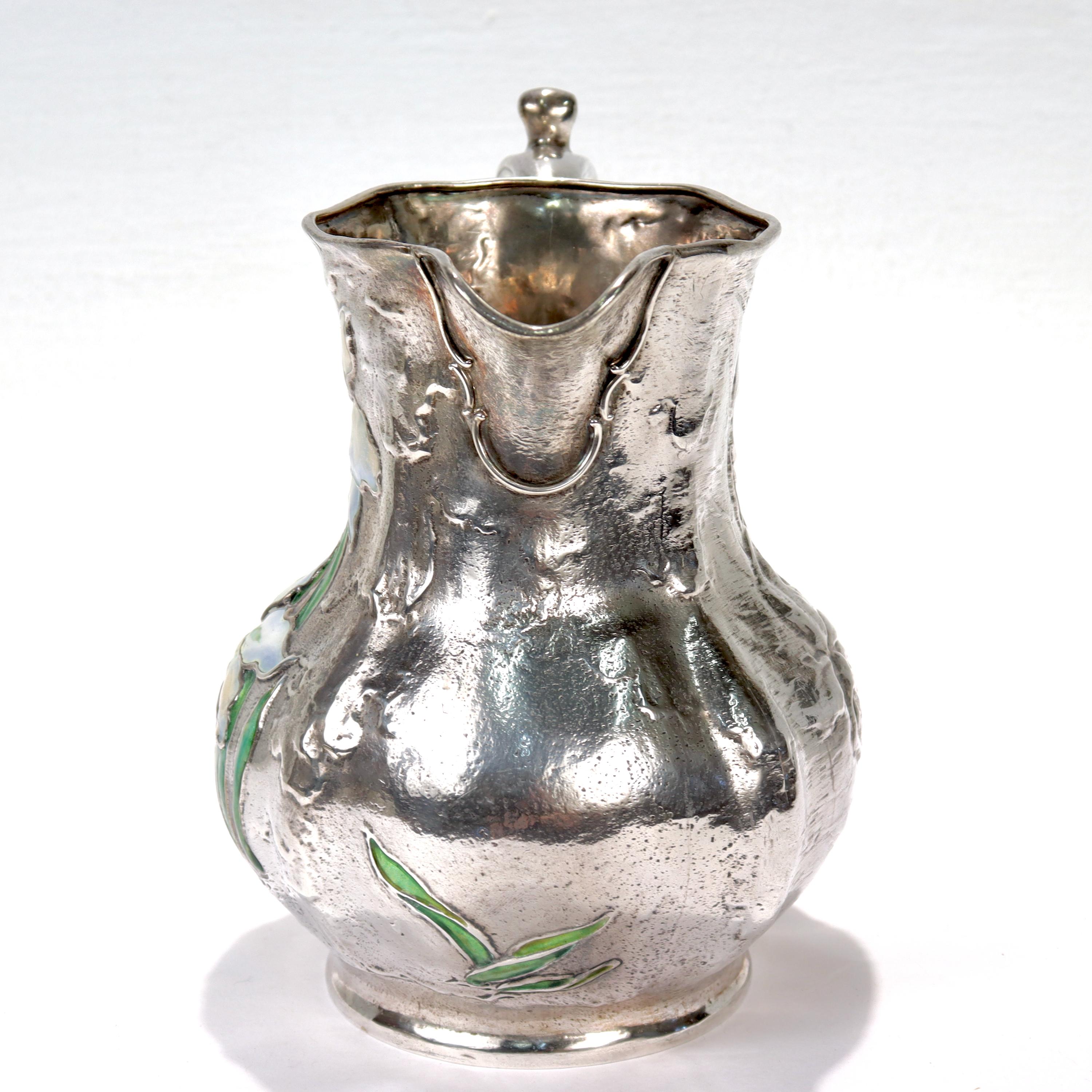 Antike Art Nouveau Gorham Sterling Silber Krug oder Ewer mit Emaille Blumen im Angebot 4