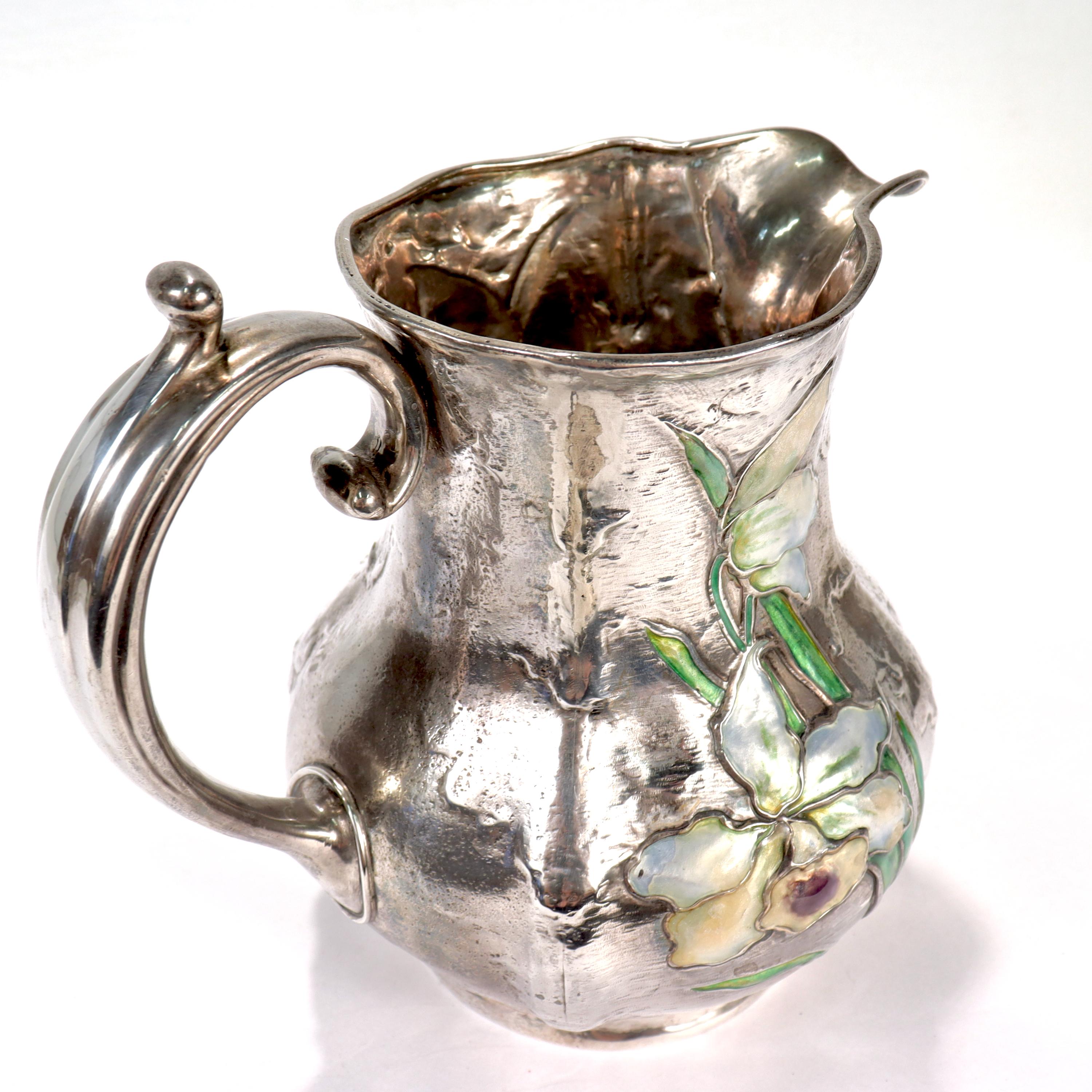 Antike Art Nouveau Gorham Sterling Silber Krug oder Ewer mit Emaille Blumen im Angebot 5