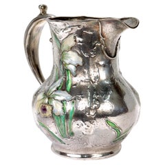 Antique Art Nouveau Gorham Sterling Silver Pitcher or Ewer with Enamel Flowers