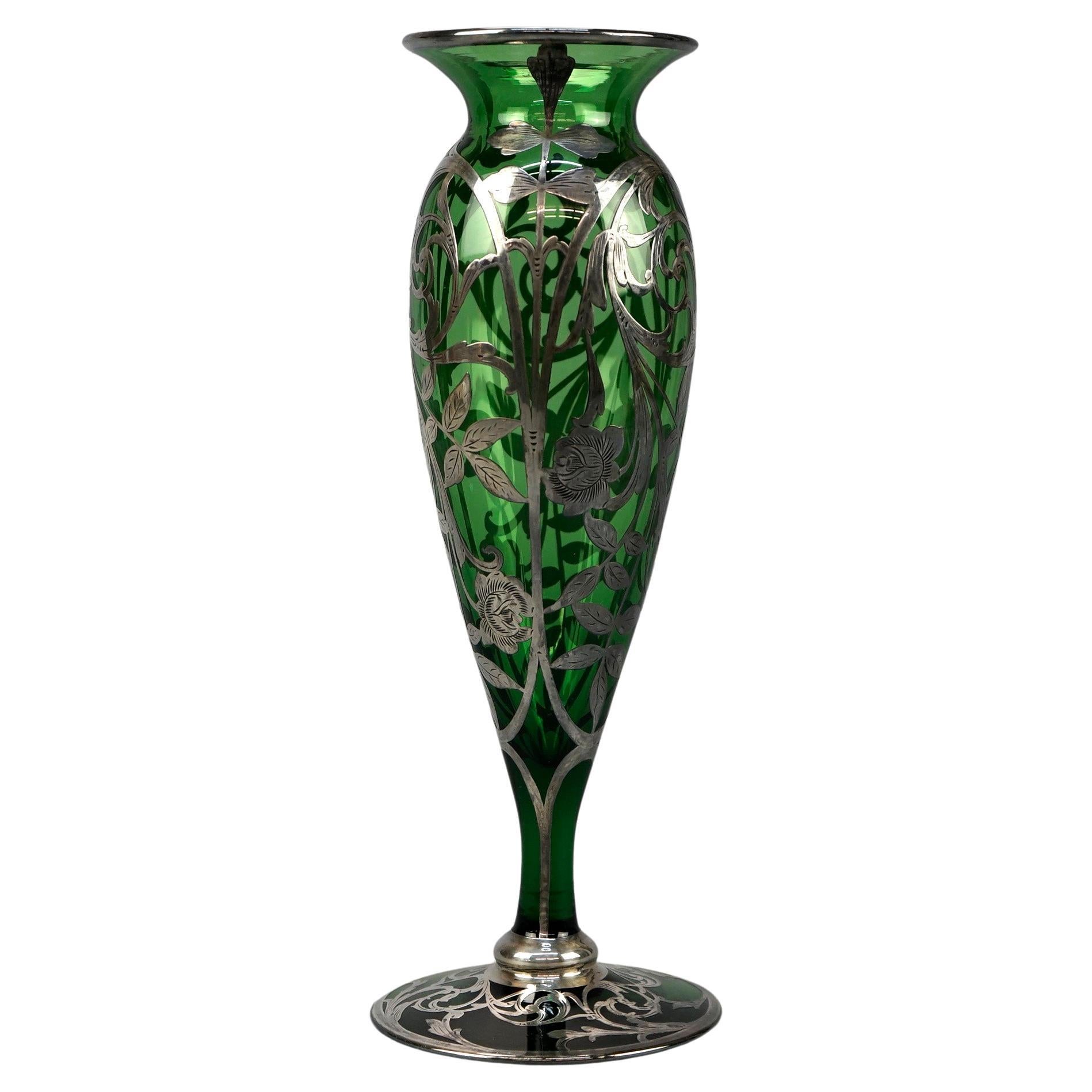Antique Art Nouveau Green Art Glass and Sterling Silver Overlay Vase circa  1910 at 1stDibs
