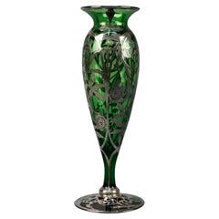 Antique Art Nouveau Green Art Glass & Sterling Silver Overlay Vase circa 1910