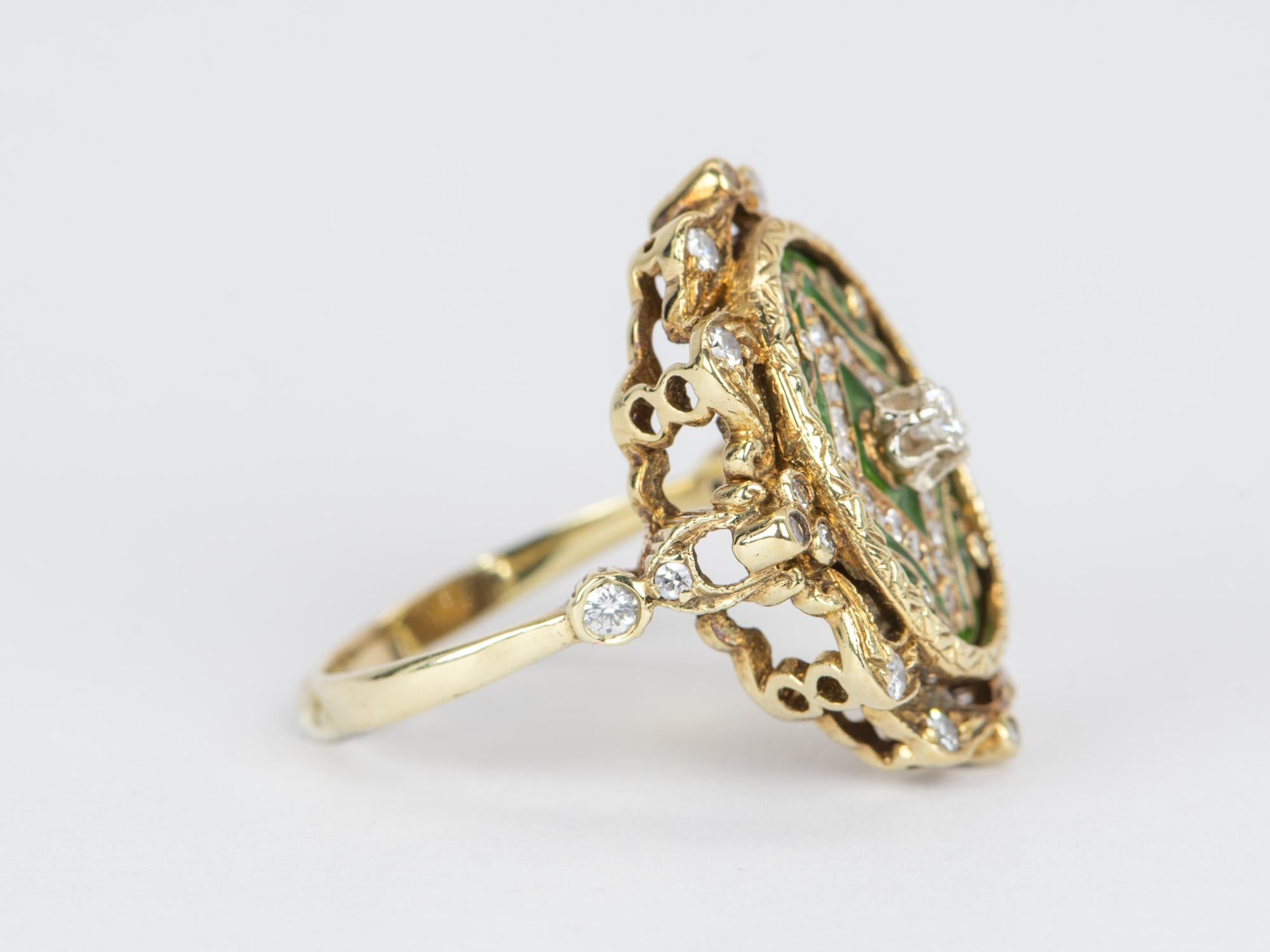 ♥ Solid 14k yellow gold antique art Nouveau green enamel and diamond cocktail ring 

 ♥ The ring measures 25.5 mm in length, 21.5 mm in width, 8 mm in height 

♥ US Size 9 (Free resizing up or down 1 size)
♥ Band width: 2 mm

♥ Gemstone: Diamond