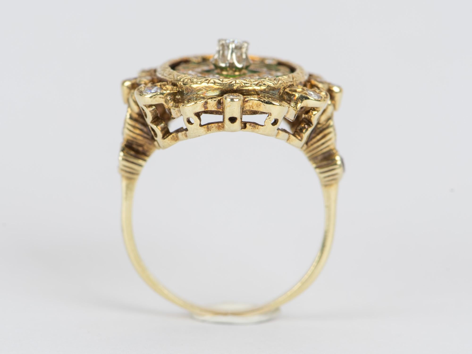 Georgian Antique Art Nouveau Green Enamel Cocktail Ring with Diamond 14k Gold 9g V1081
