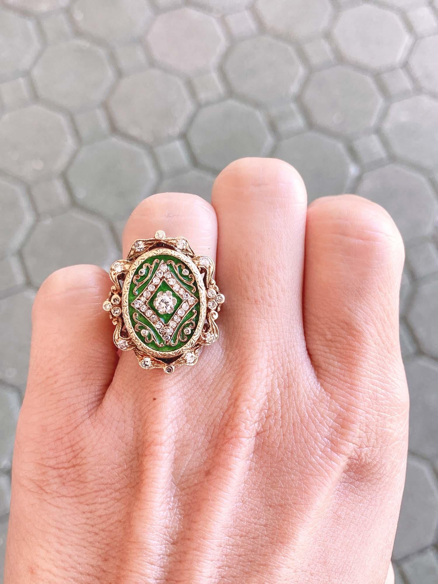 Round Cut Antique Art Nouveau Green Enamel Cocktail Ring with Diamond 14k Gold 9g V1081