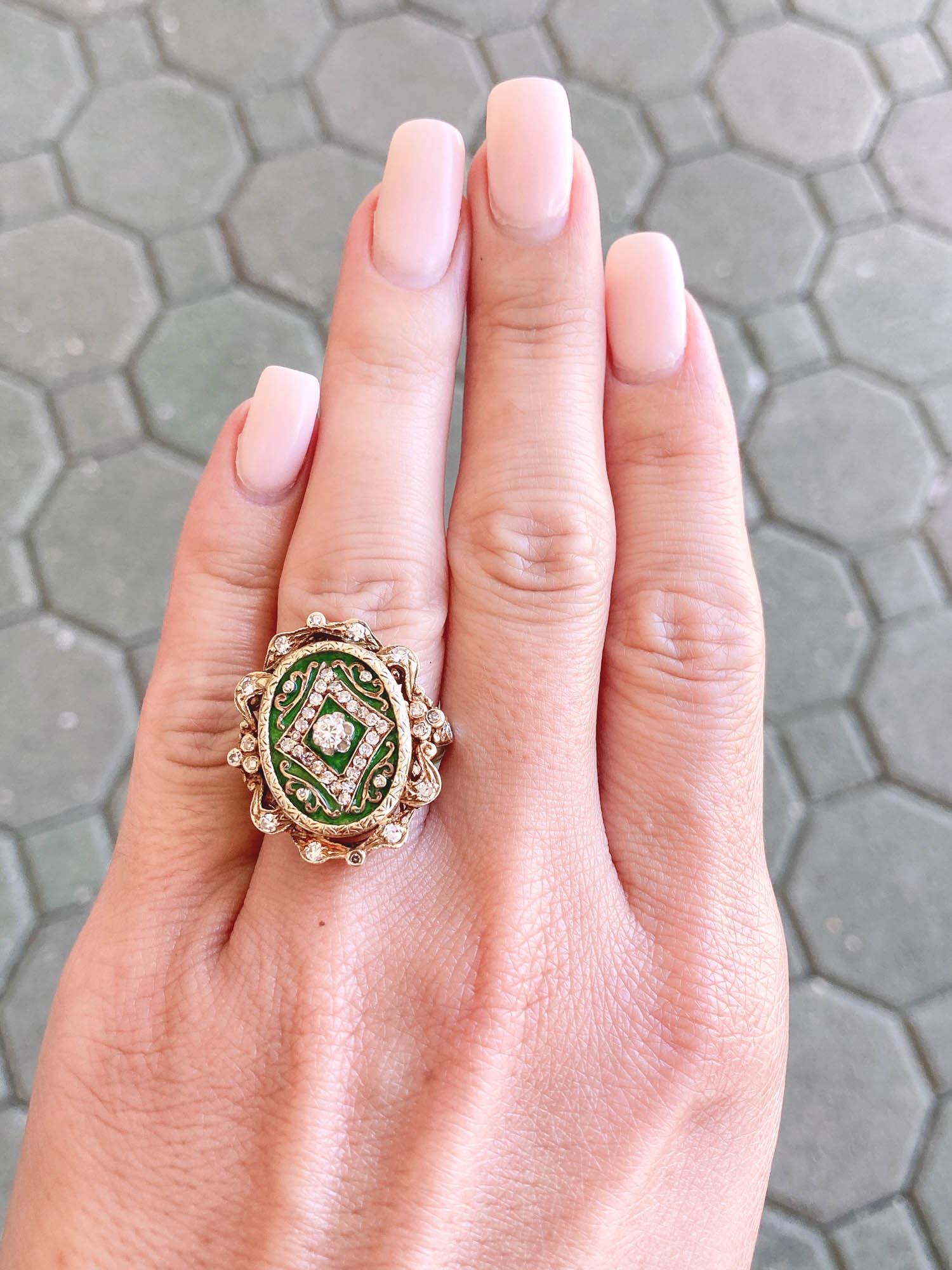 Antique Art Nouveau Green Enamel Cocktail Ring with Diamond 14k Gold 9g V1081 In Good Condition In Osprey, FL