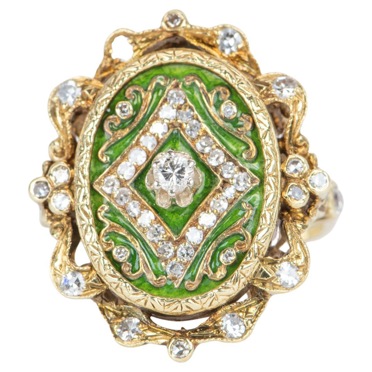 Antique Art Nouveau Green Enamel Cocktail Ring with Diamond 14k Gold 9g V1081