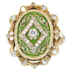 Antique Art Nouveau Green Enamel Cocktail Ring with Diamond 14k Gold 9g V1081
