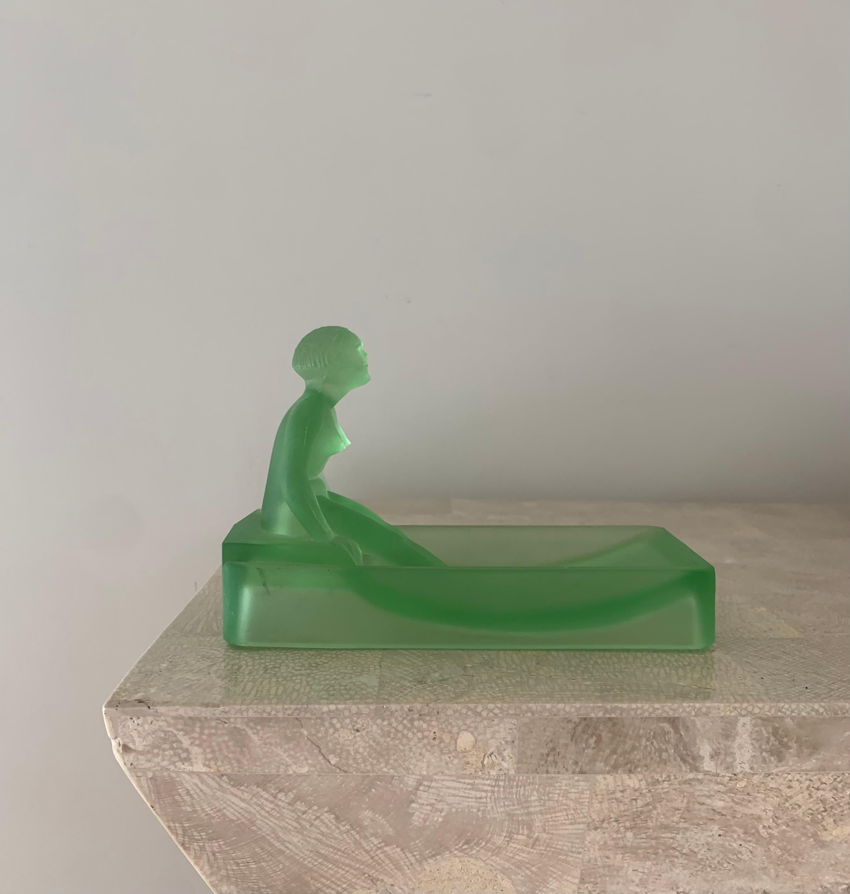  Art Deco Green Frosted Depression Glass Vide-Poche with Nude Lady, 1981 3