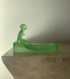 Art Deco Green Frosted Depression Glass Vide-Poche with Nude Lady, 1981