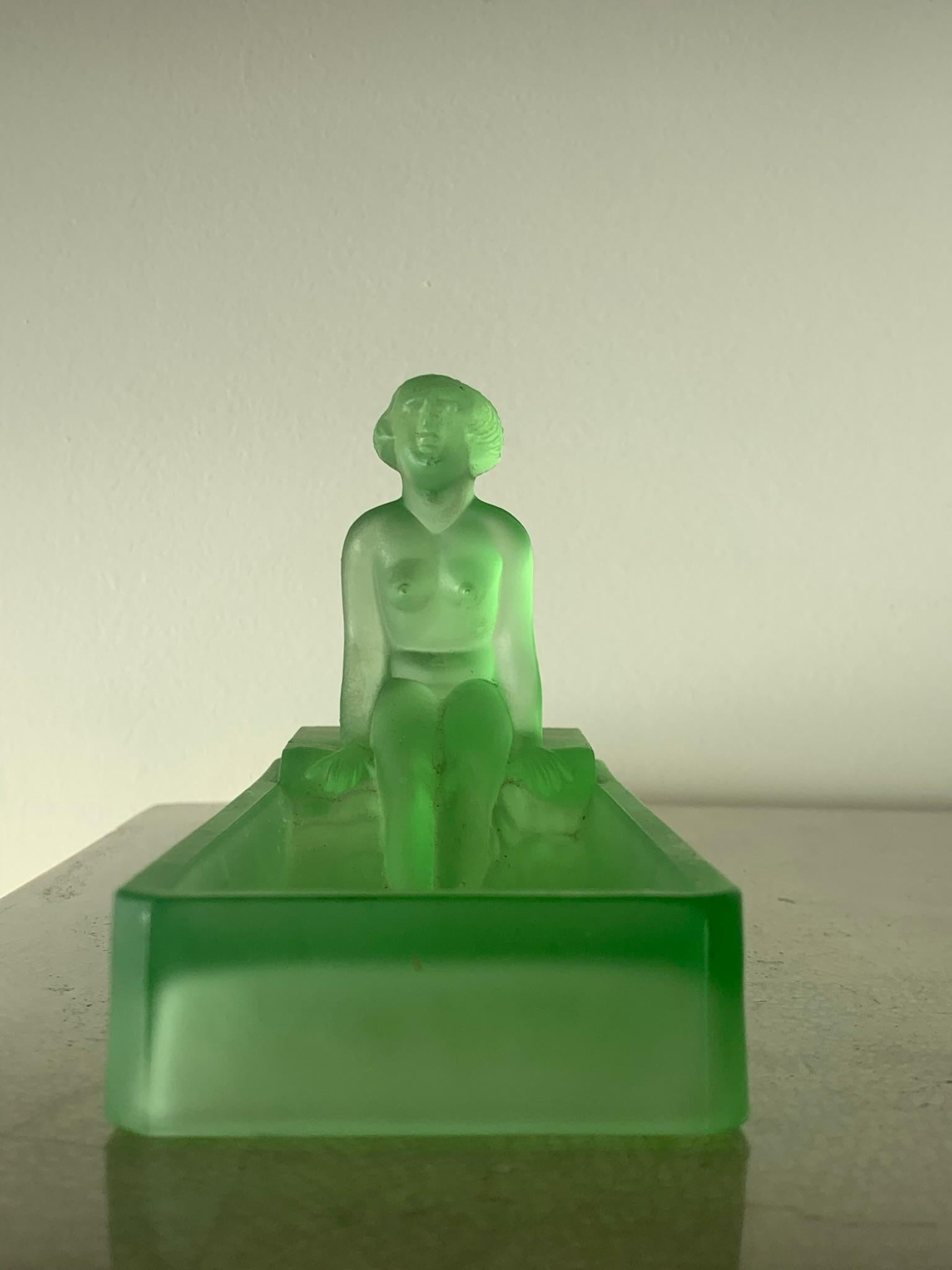 Unknown  Art Deco Green Frosted Depression Glass Vide-Poche with Nude Lady, 1981