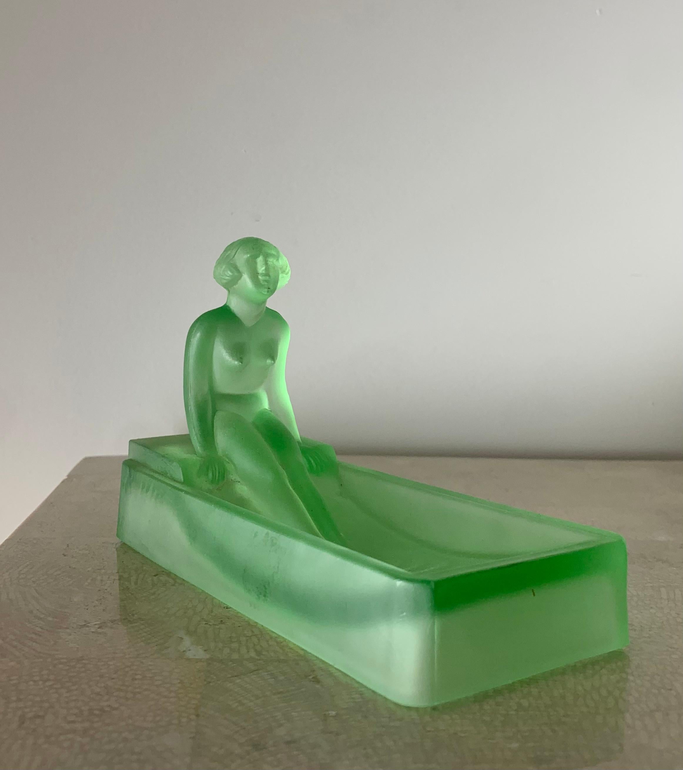 Late 20th Century  Art Deco Green Frosted Depression Glass Vide-Poche with Nude Lady, 1981