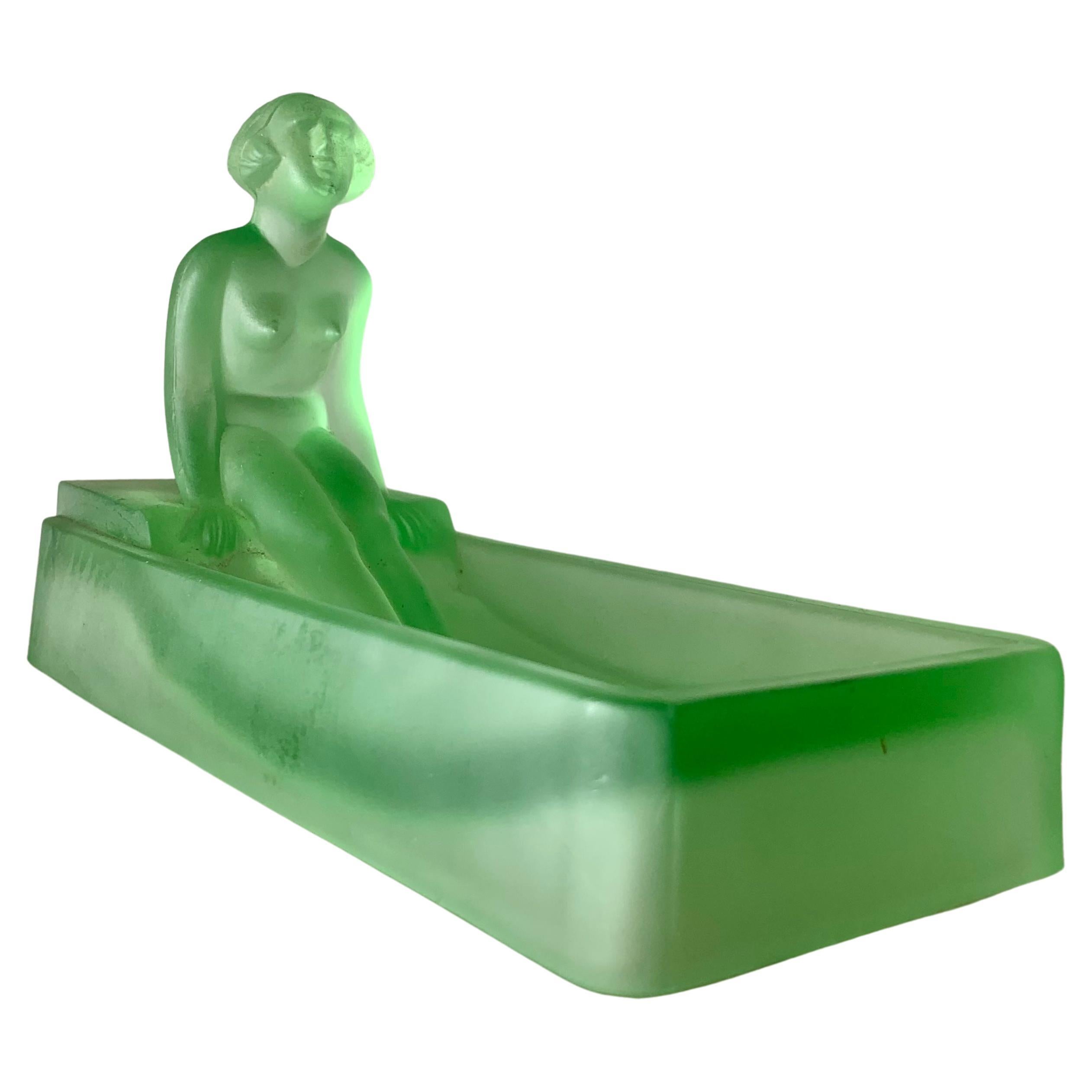  Art Deco Green Frosted Depression Glass Vide-Poche with Nude Lady, 1981