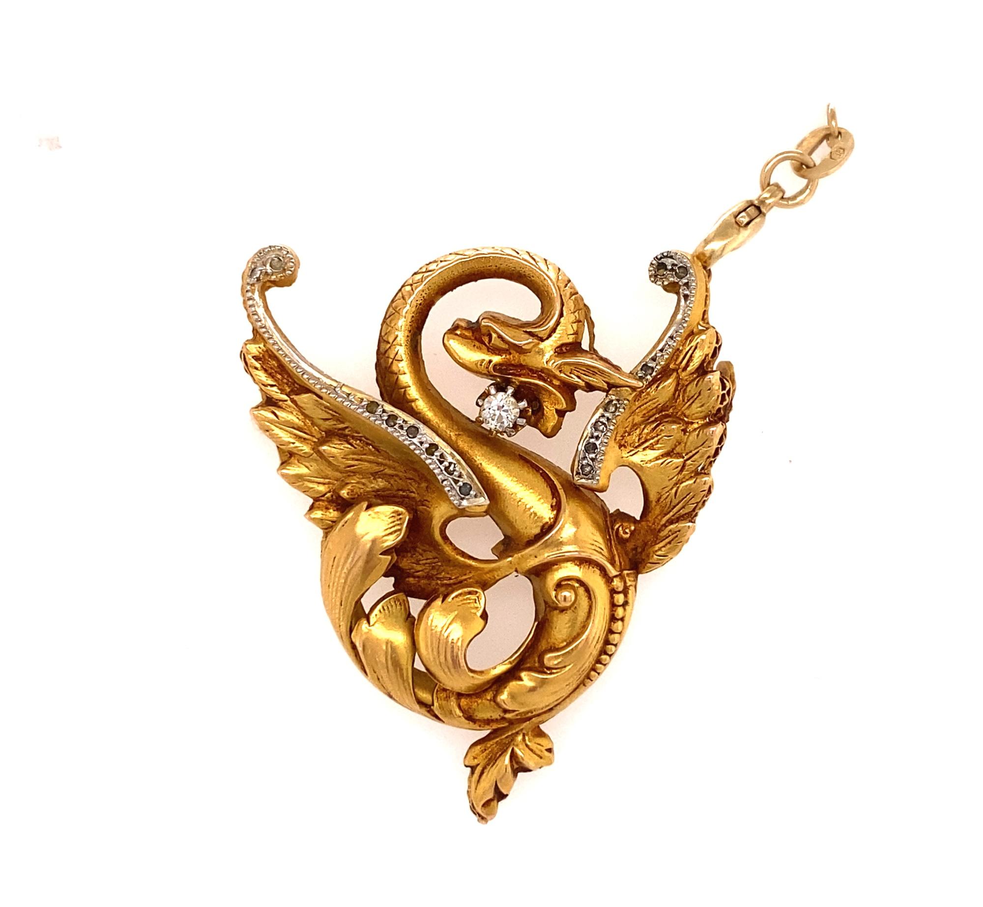 Antique Art Nouveau Griffin Pendant Brooch French 18K Gold Diamonds For ...