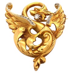 Antique Art Nouveau Griffin Pendant Brooch French 18K Gold Diamonds