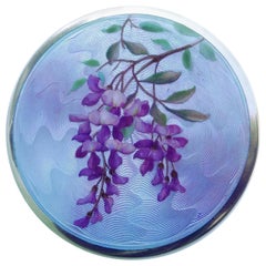 Antique Art Nouveau Guilloche Enamel Silver Box with Wisteria Motif