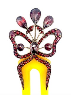 Antico spillo per capelli Art Nouveau Ornamento per capelli Granato Horn Argento Dorato