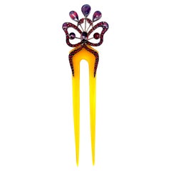 Antiguo Art Nouveau Horquilla Adorno para el pelo Cuerno de granate Plata dorada
