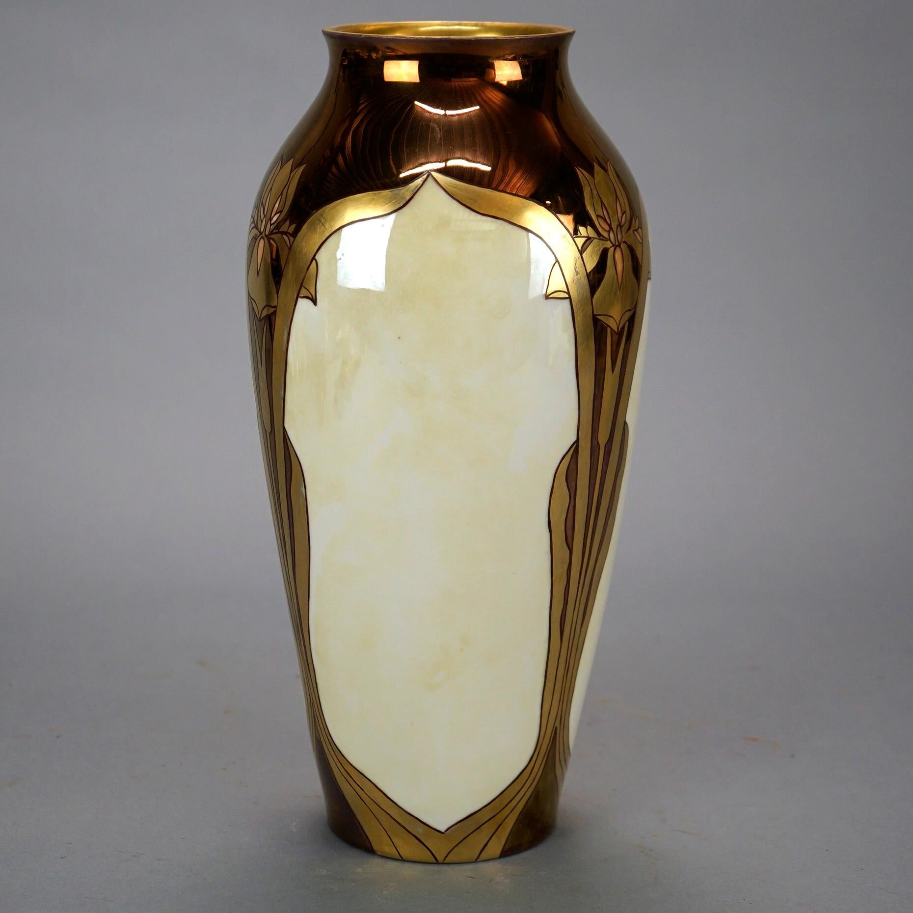 French Antique Art Nouveau Hand Decorated & Gilt Limoges Porcelain Tall Vase, c1910