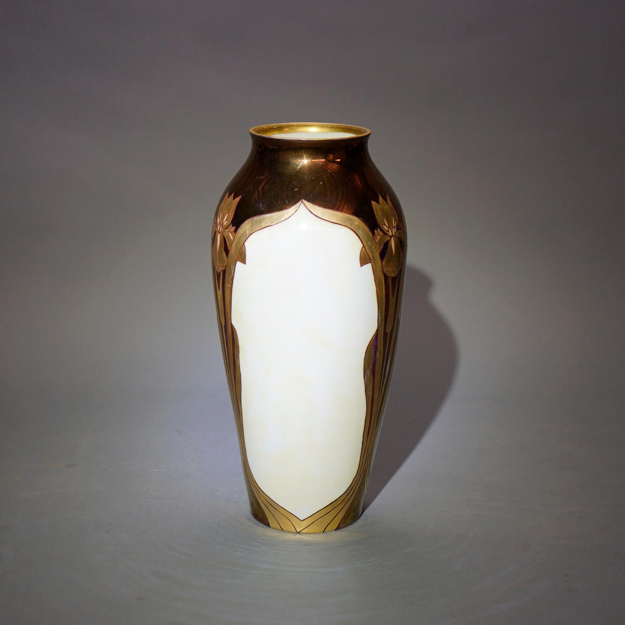 Antique Art Nouveau Hand Decorated & Gilt Limoges Porcelain Tall Vase, c1910 2