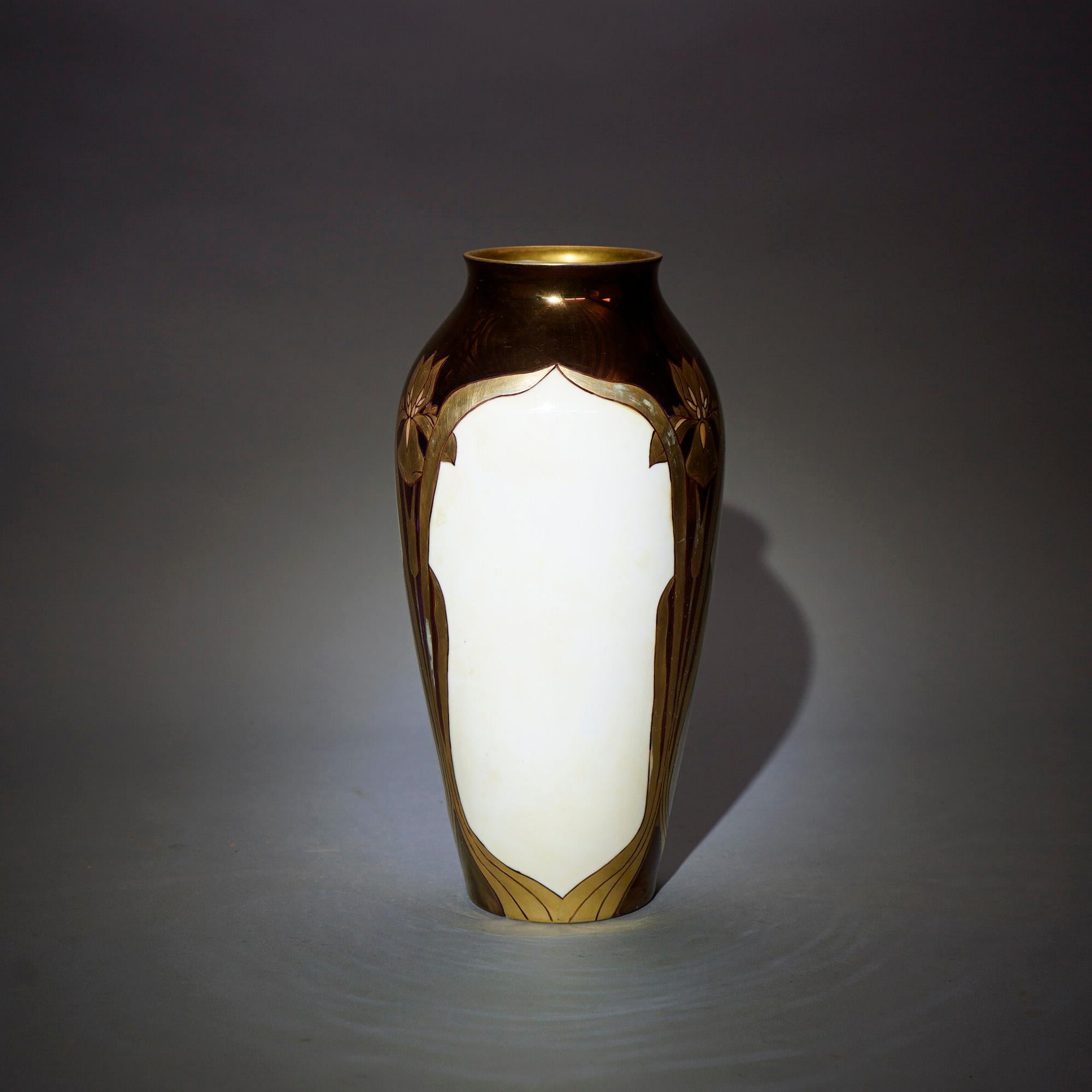 Antique Art Nouveau Hand Decorated & Gilt Limoges Porcelain Tall Vase, c1910 3