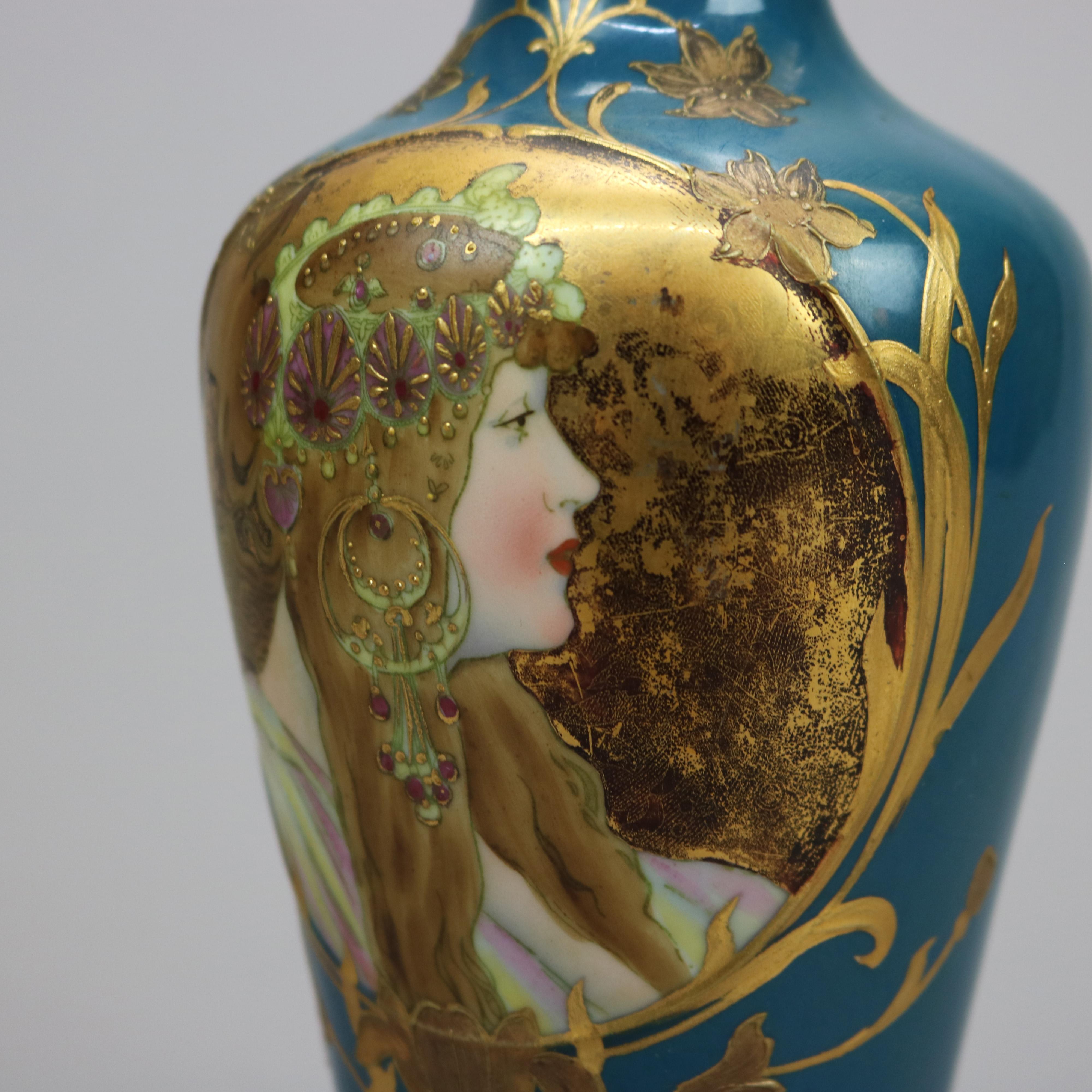 German Antique Art Nouveau Hand Painted Gebruder Heubach Porcelain Portrait Vase c1900