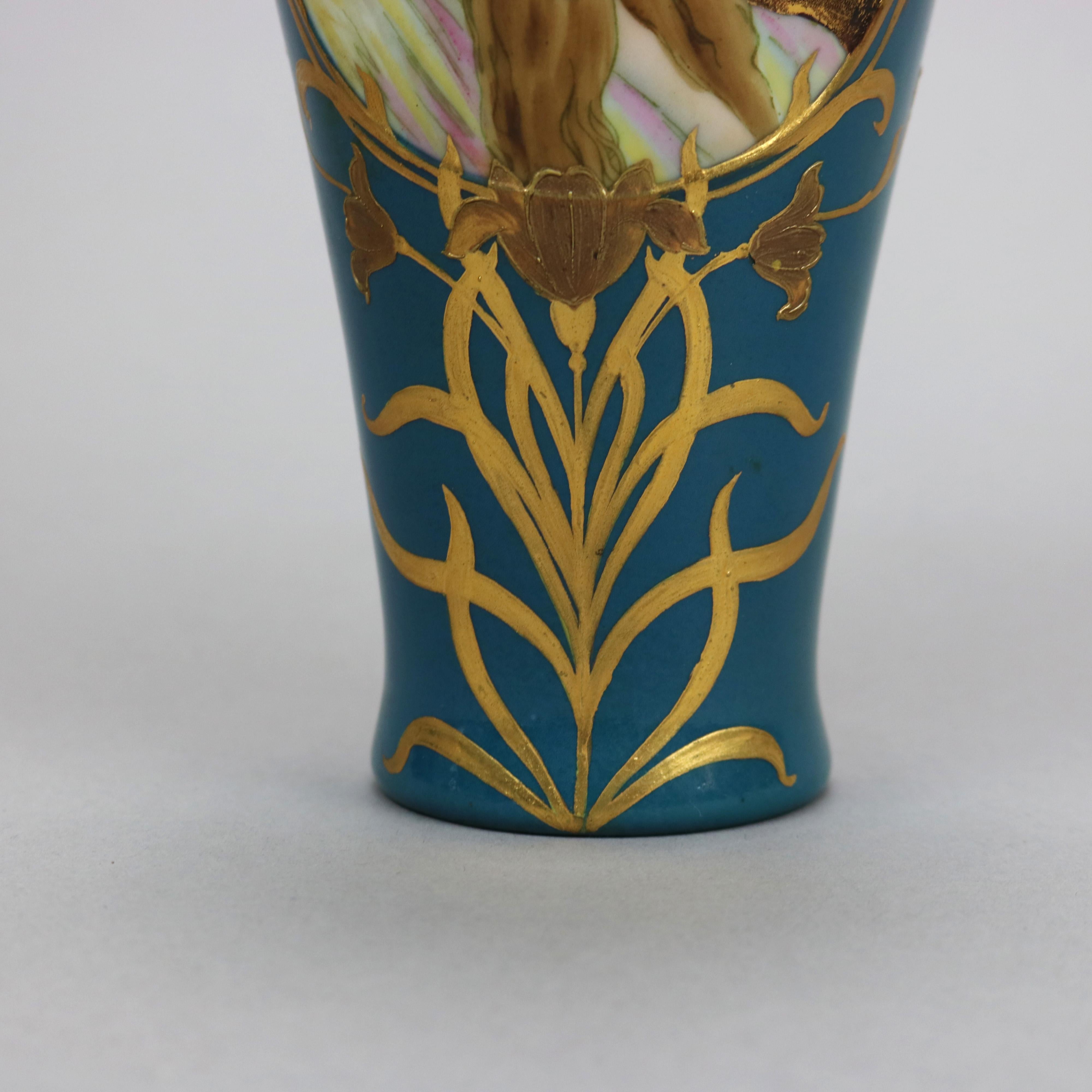 Hand-Painted Antique Art Nouveau Hand Painted Gebruder Heubach Porcelain Portrait Vase c1900