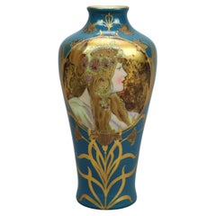 Antique Art Nouveau Hand Painted Gebruder Heubach Porcelain Portrait Vase c1900