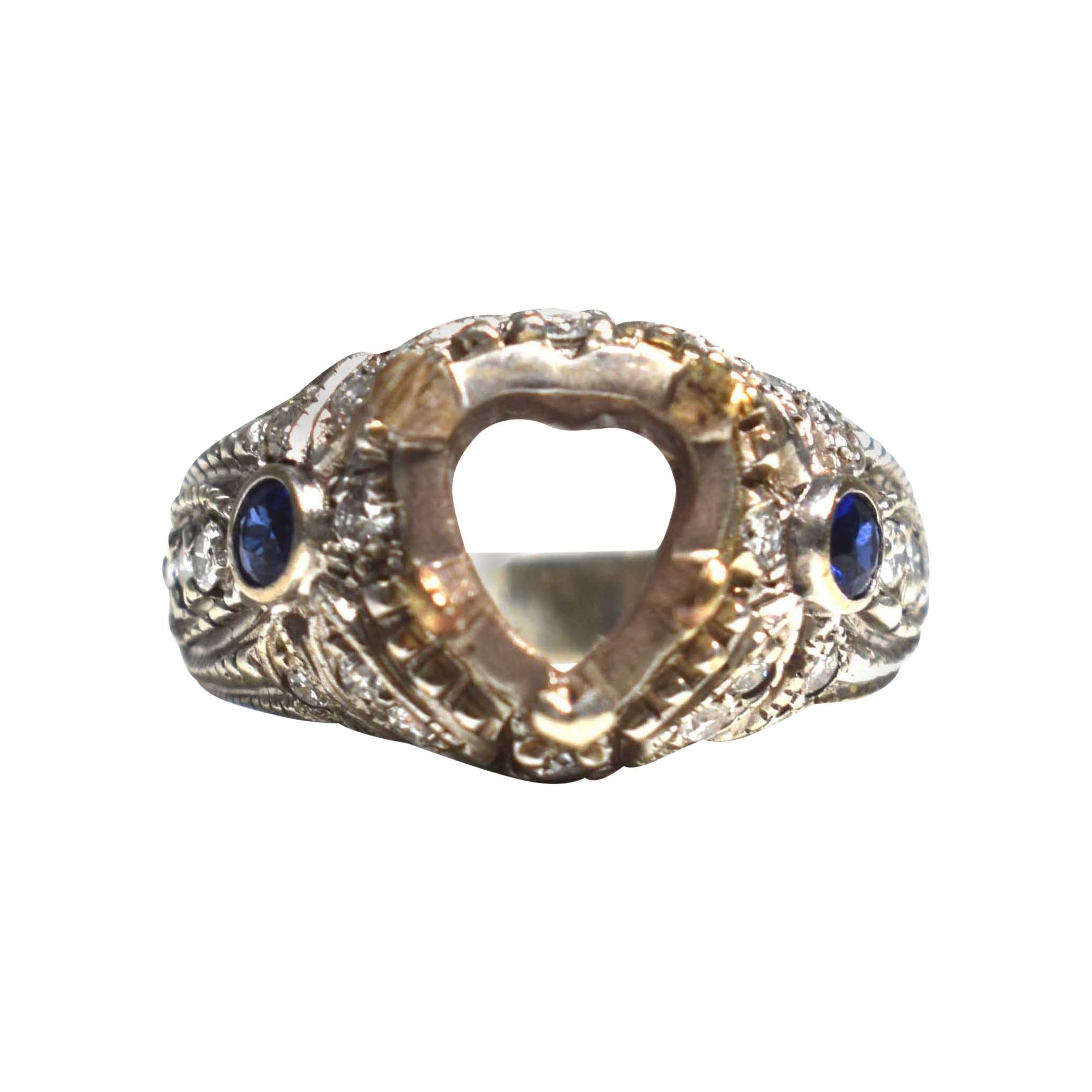 Antique Art Nouveau Heart-Shaped Diamond and Sapphire Ring Setting
