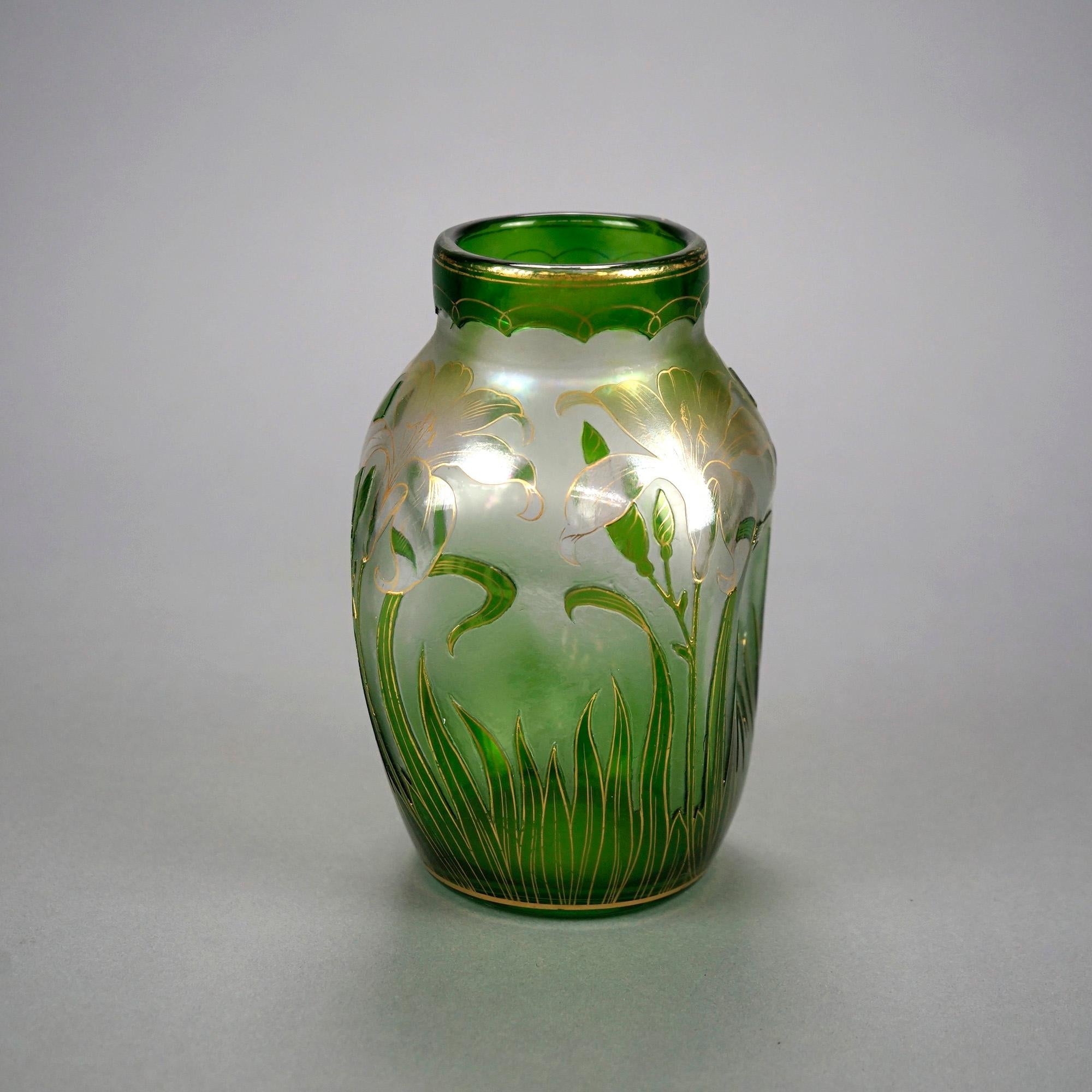 An antique vase by Honesdale offers art glass construction with cut to clear lily decoration, make signed on base as photographed, c1900

Measures- 7.25''H x 4.25''W x 4.25''D.