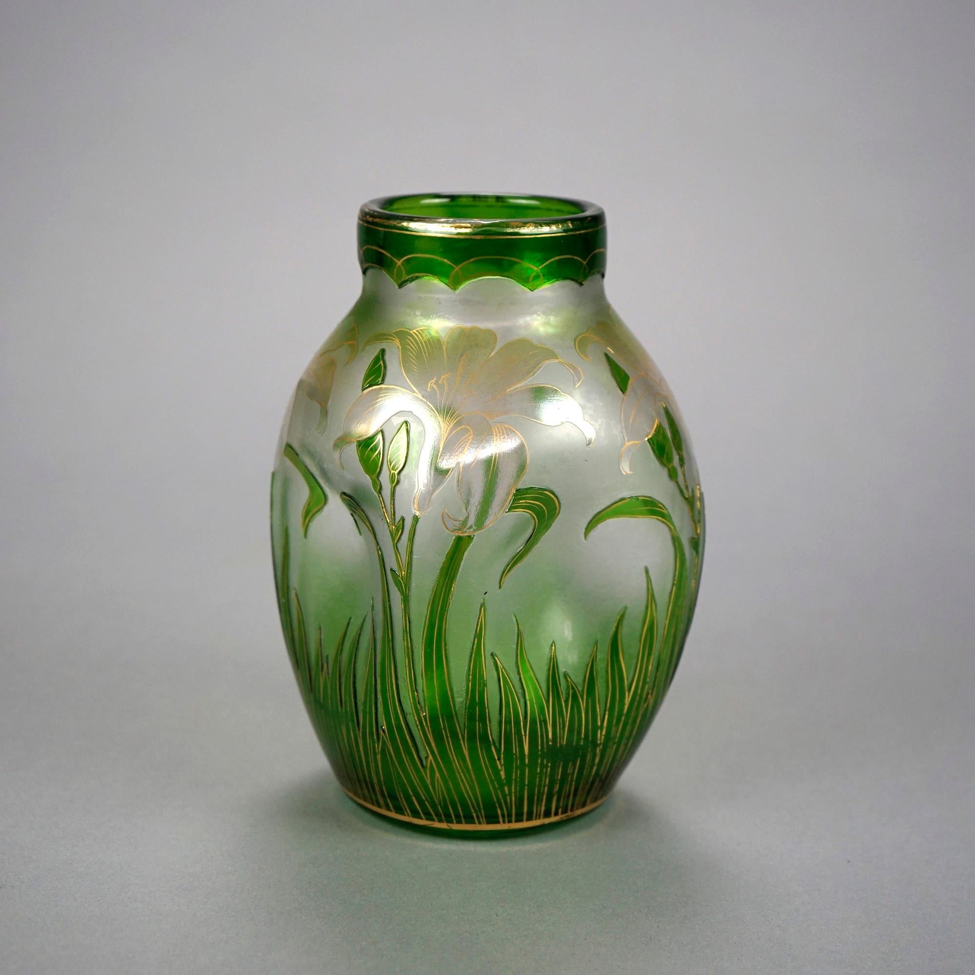 American Antique Art Nouveau Honesdale Emerald Cutback Art Glass Vase, Lily Decor, c1900