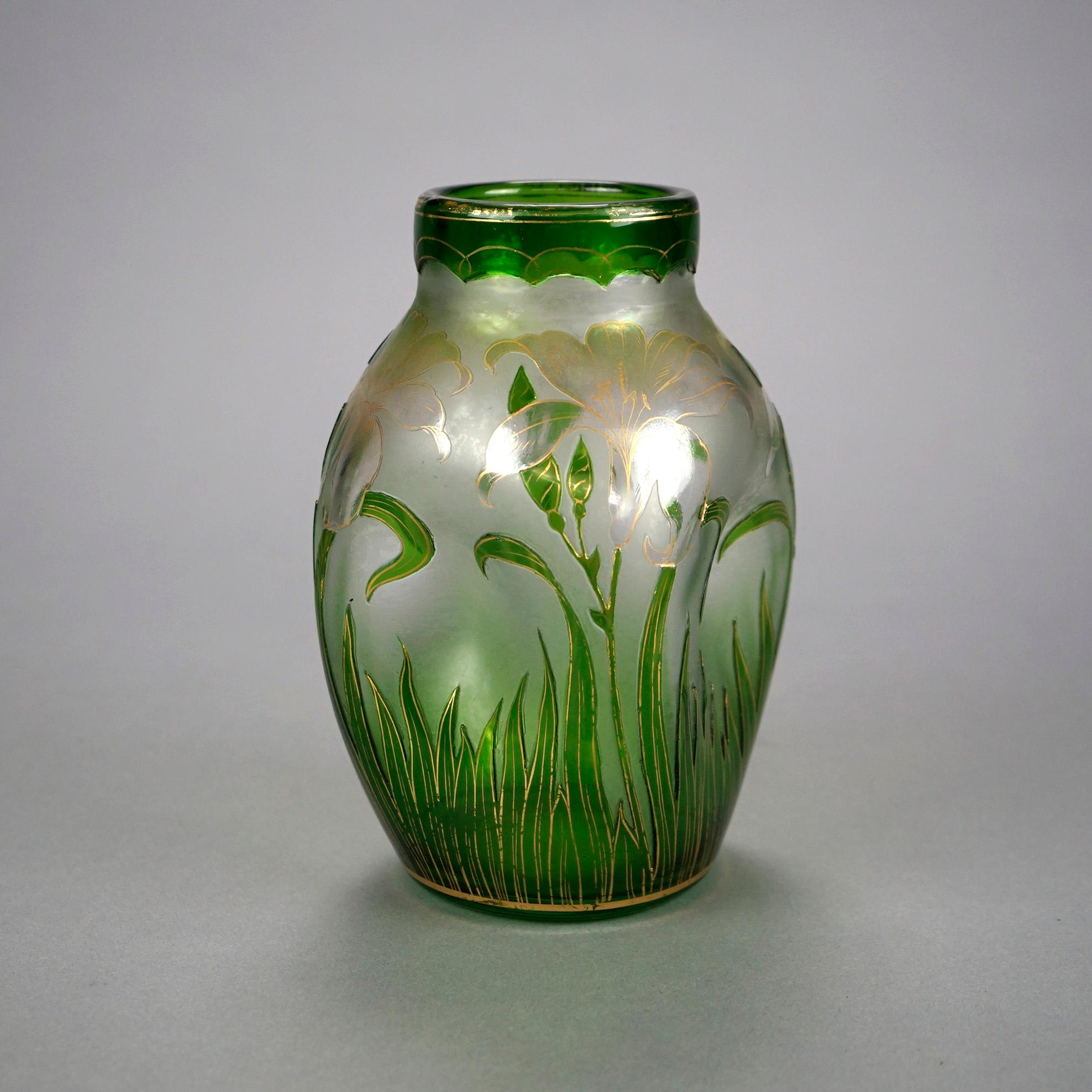 Antique Art Nouveau Honesdale Emerald Cutback Art Glass Vase, Lily Decor, c1900 In Good Condition In Big Flats, NY