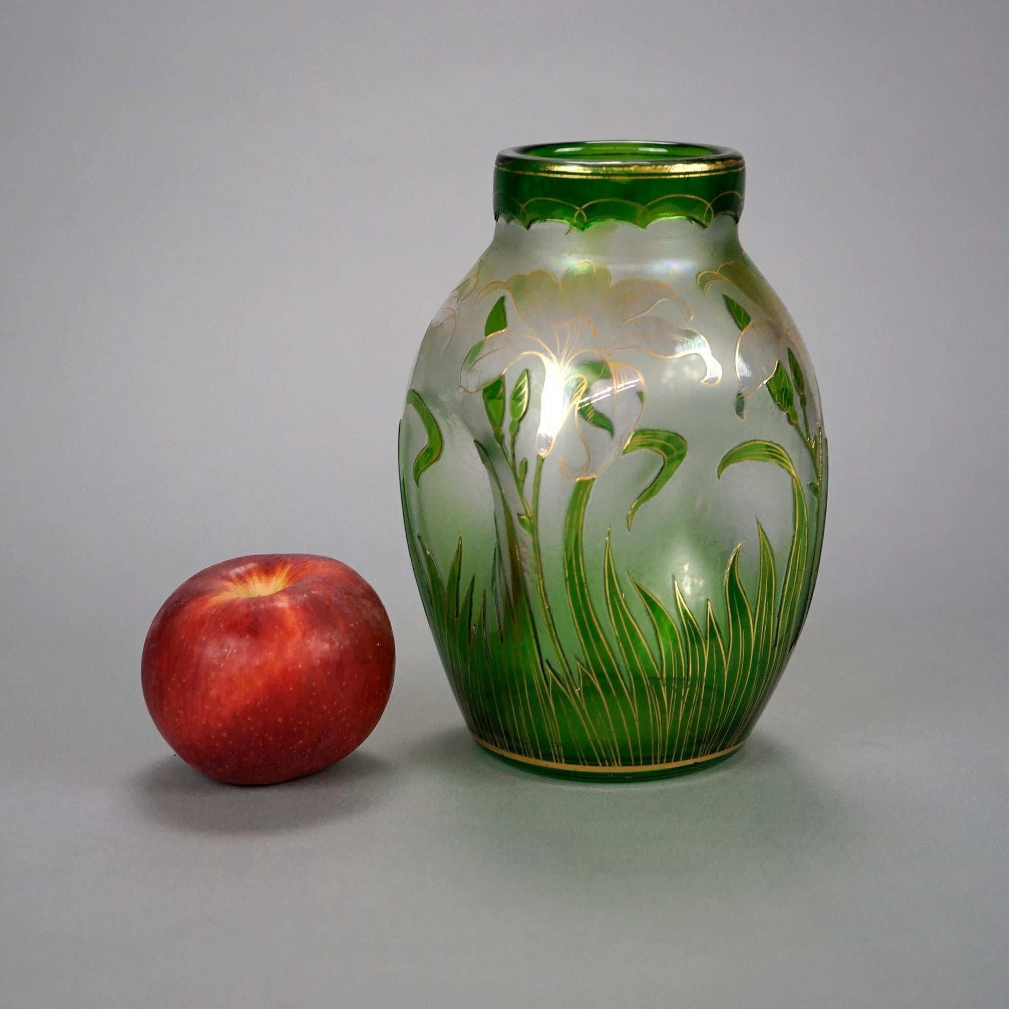 20th Century Antique Art Nouveau Honesdale Emerald Cutback Art Glass Vase, Lily Decor, c1900