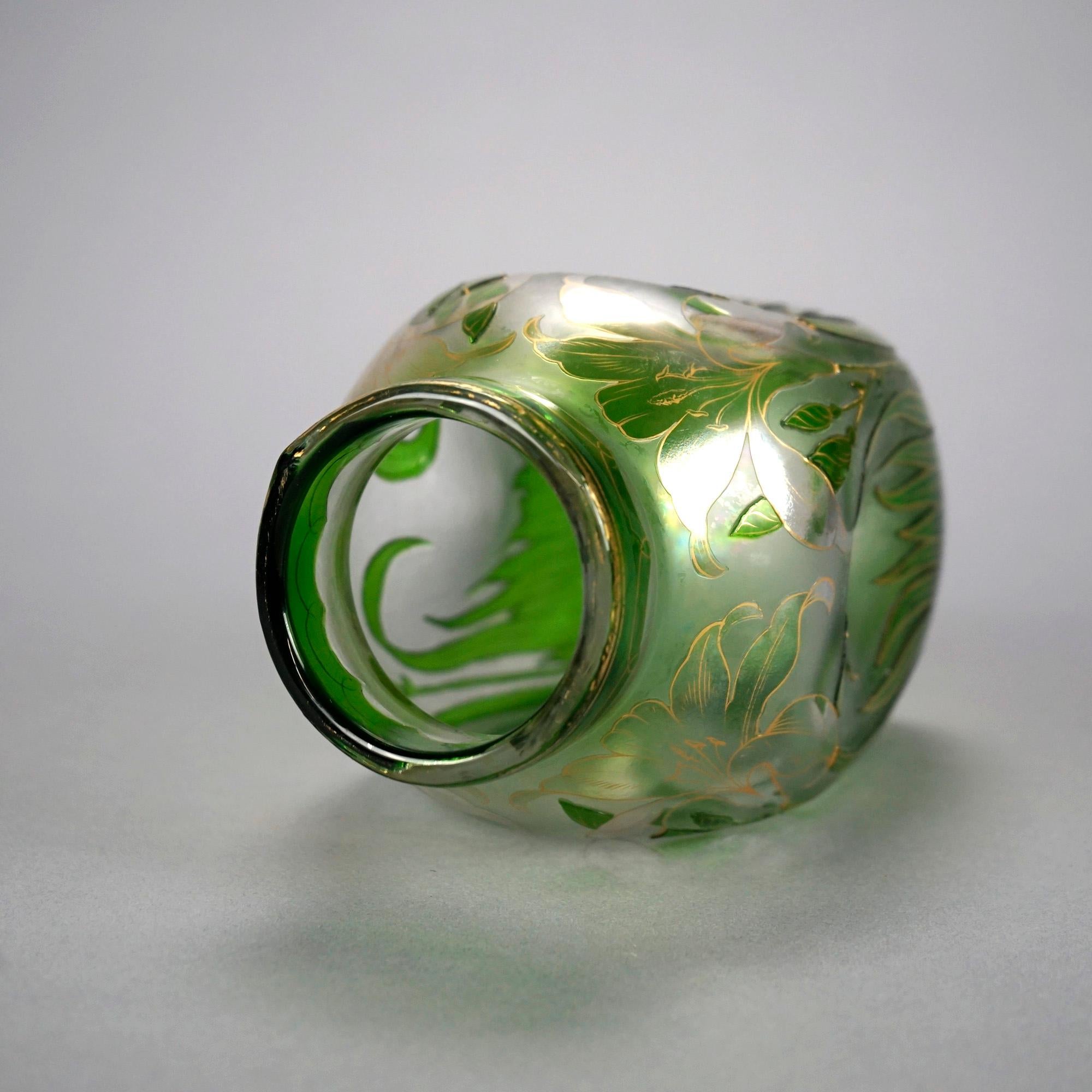 Antique Art Nouveau Honesdale Emerald Cutback Art Glass Vase, Lily Decor, c1900 1