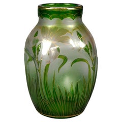 Antique Art Nouveau Honesdale Emerald Cutback Art Glass Vase, Lily Decor, c1900