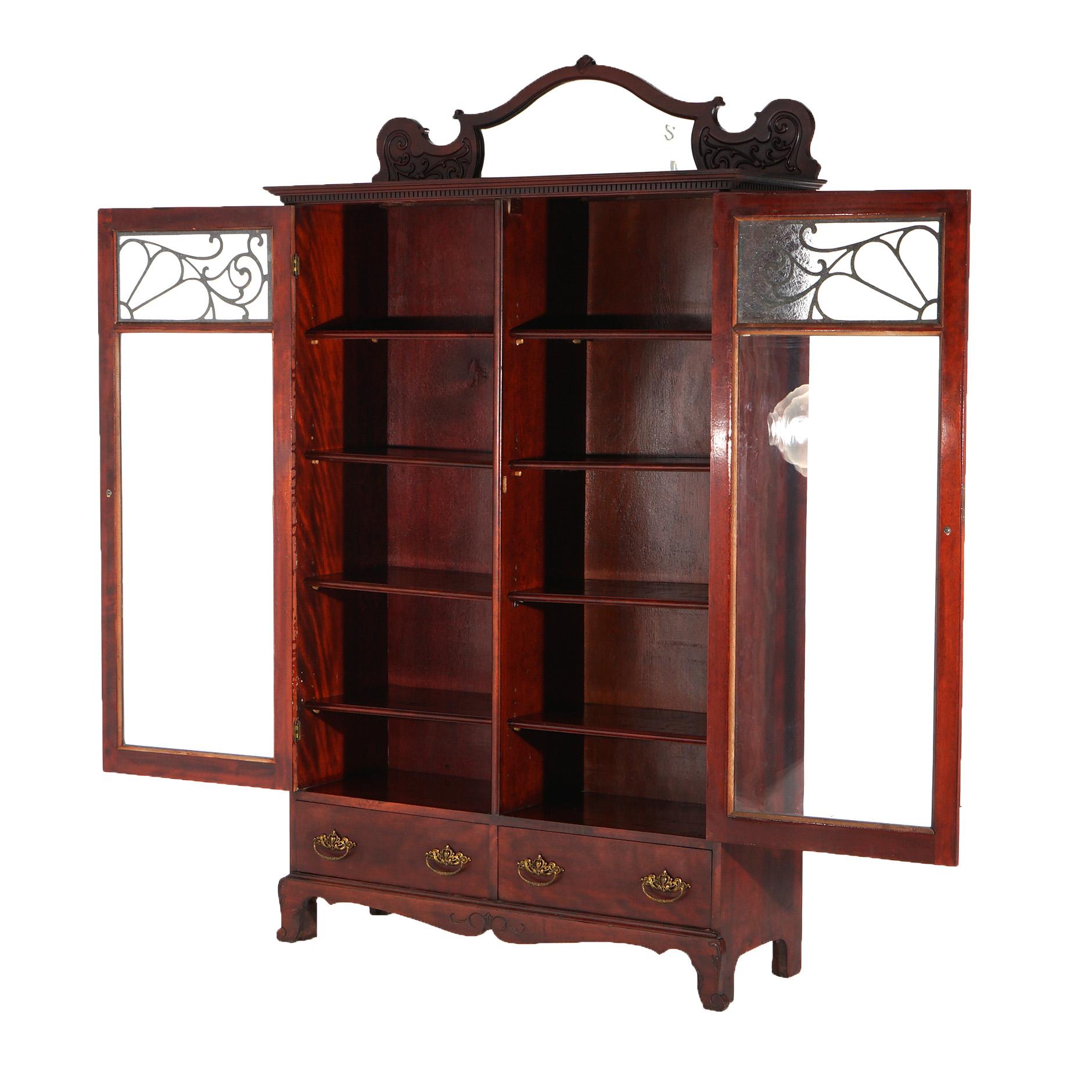 Antiguo Art Nouveau Escuela Horner Caoba tallada Librería de doble puerta con espejo 1