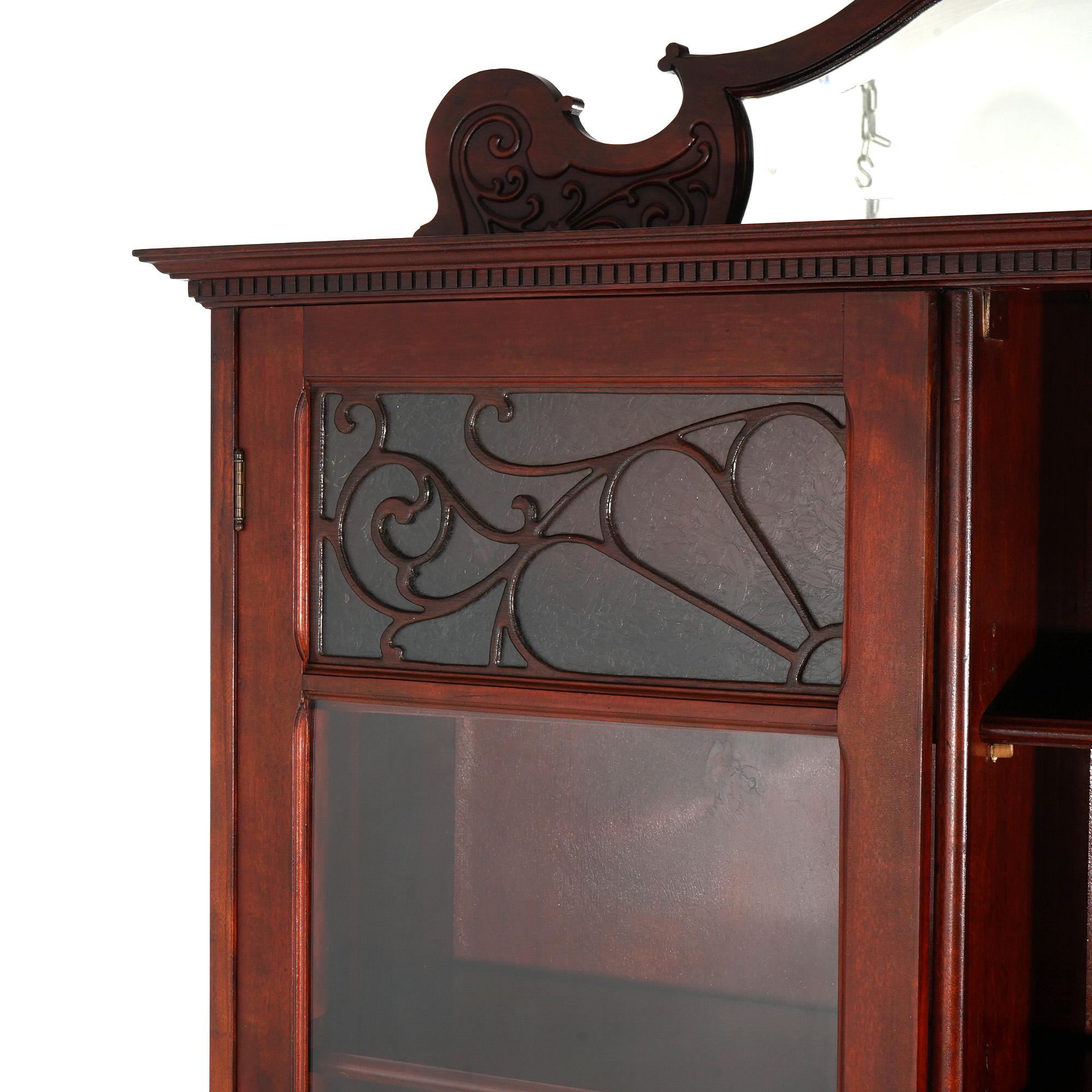 Antiguo Art Nouveau Escuela Horner Caoba tallada Librería de doble puerta con espejo 3