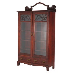 Antiguo Art Nouveau Escuela Horner Caoba tallada Librería de doble puerta con espejo