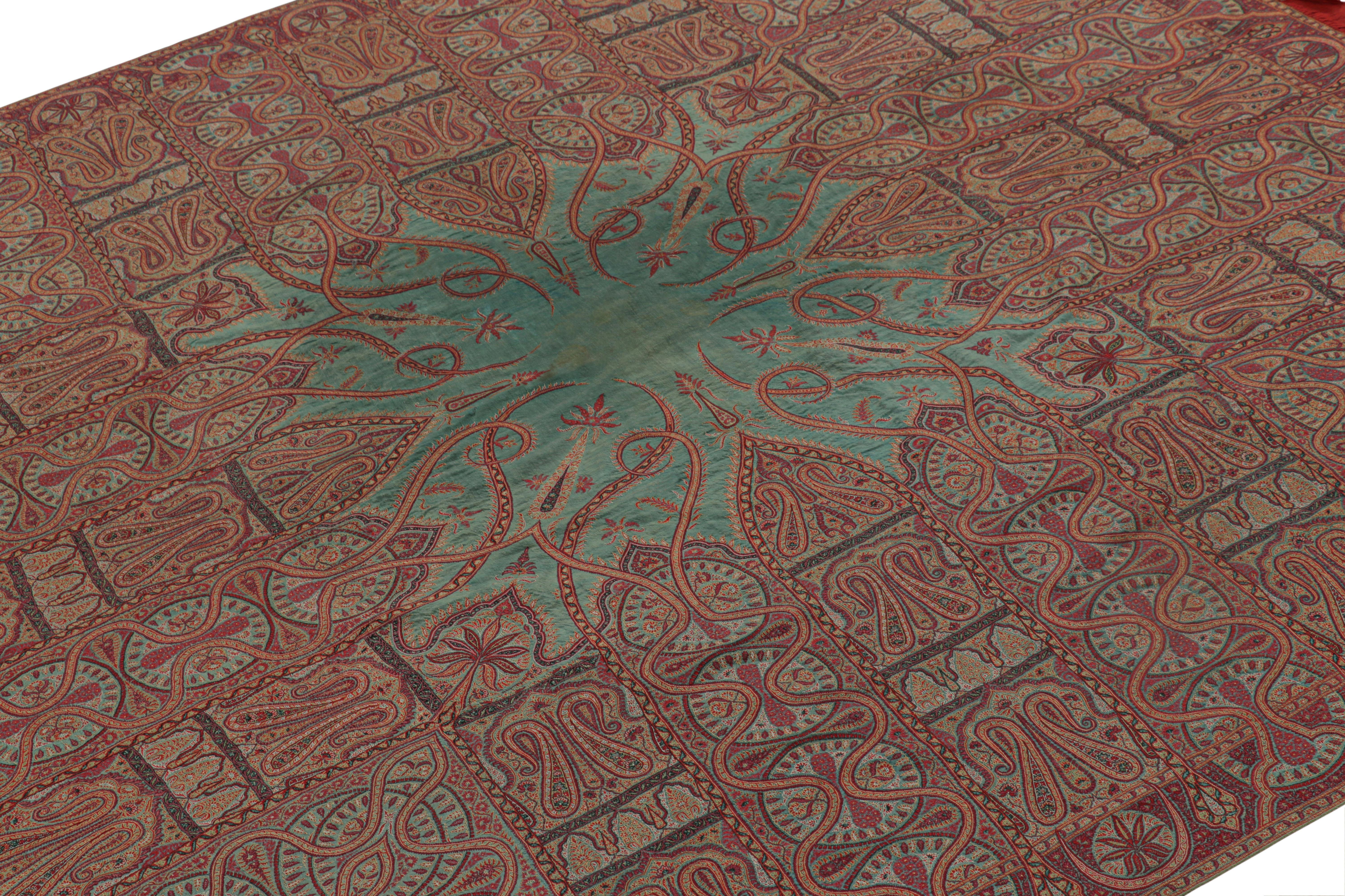 This 5x6 antique Indian shawl is an exciting and rare new curation from Rug & Kilim—handwoven in wool and hailing from India circa 1860-1870. Its design enjoys Art Nouveau sensibilities, and an outstanding level of detail, among its many beauties.