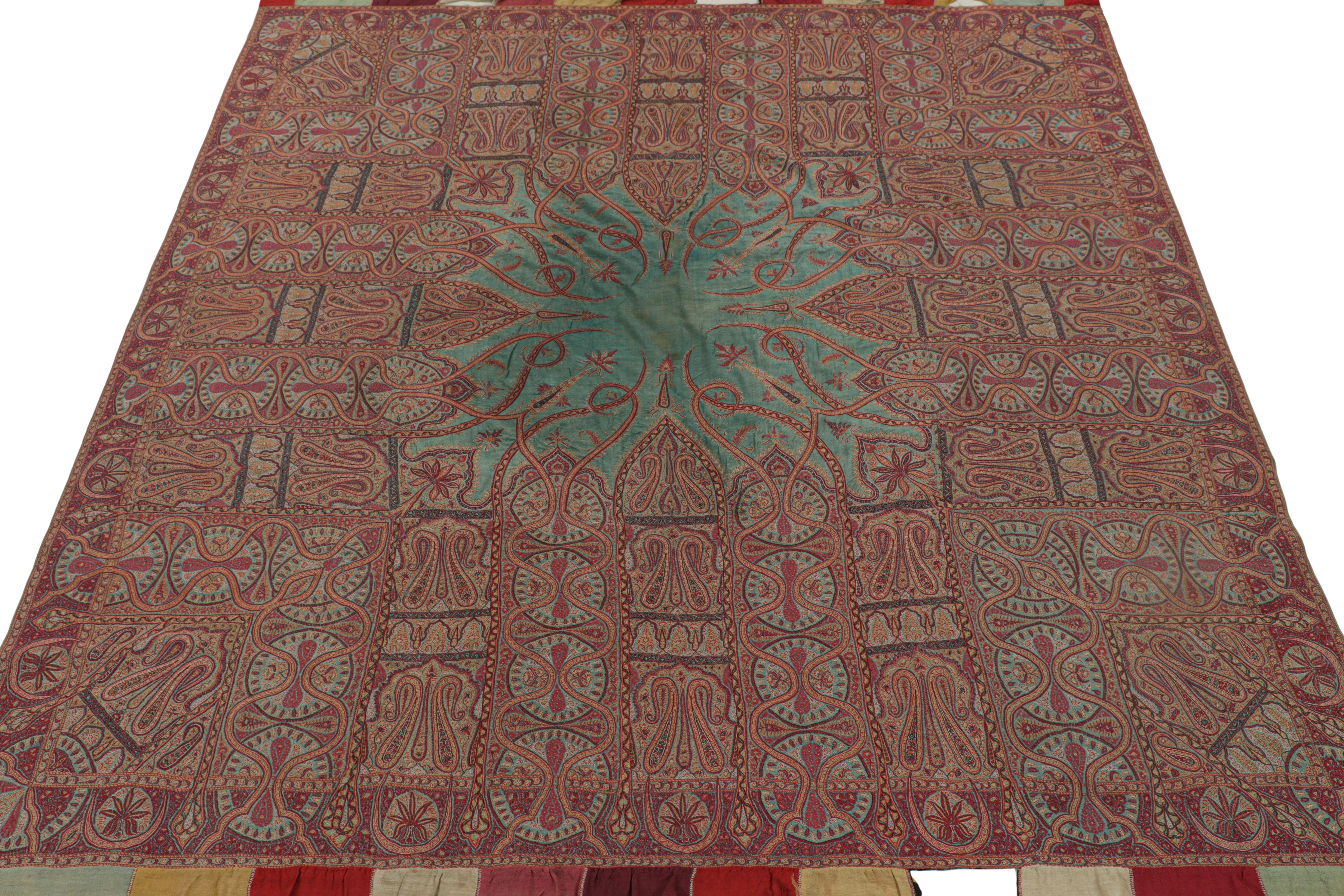 Antique Art Nouveau Indian Shawl with Florals and Teal Medallion  Rug & Kilim In Good Condition For Sale In Long Island City, NY