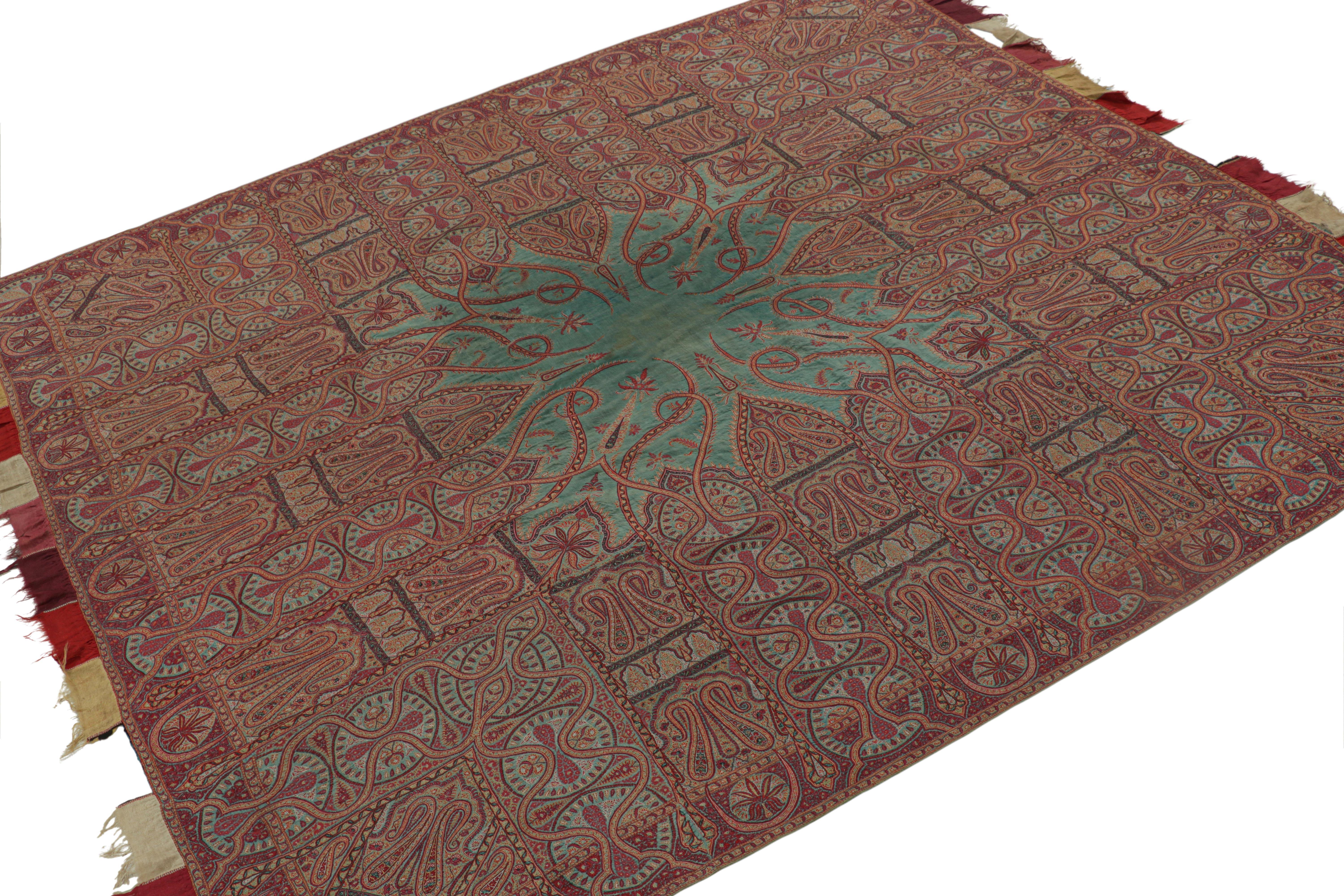 Mid-19th Century Antique Art Nouveau Indian Shawl with Florals and Teal Medallion  Rug & Kilim For Sale