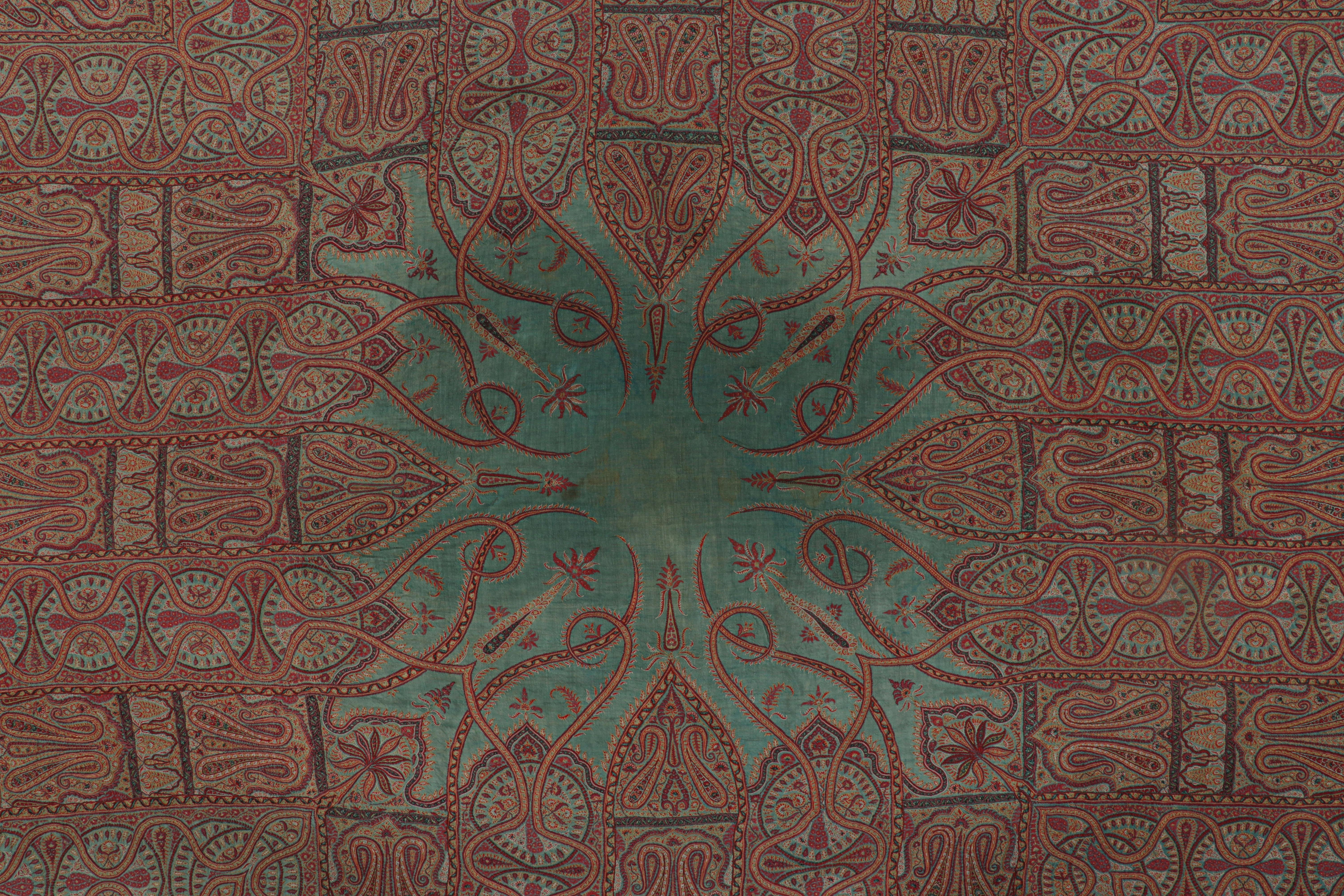 Wool Antique Art Nouveau Indian Shawl with Florals and Teal Medallion  Rug & Kilim For Sale