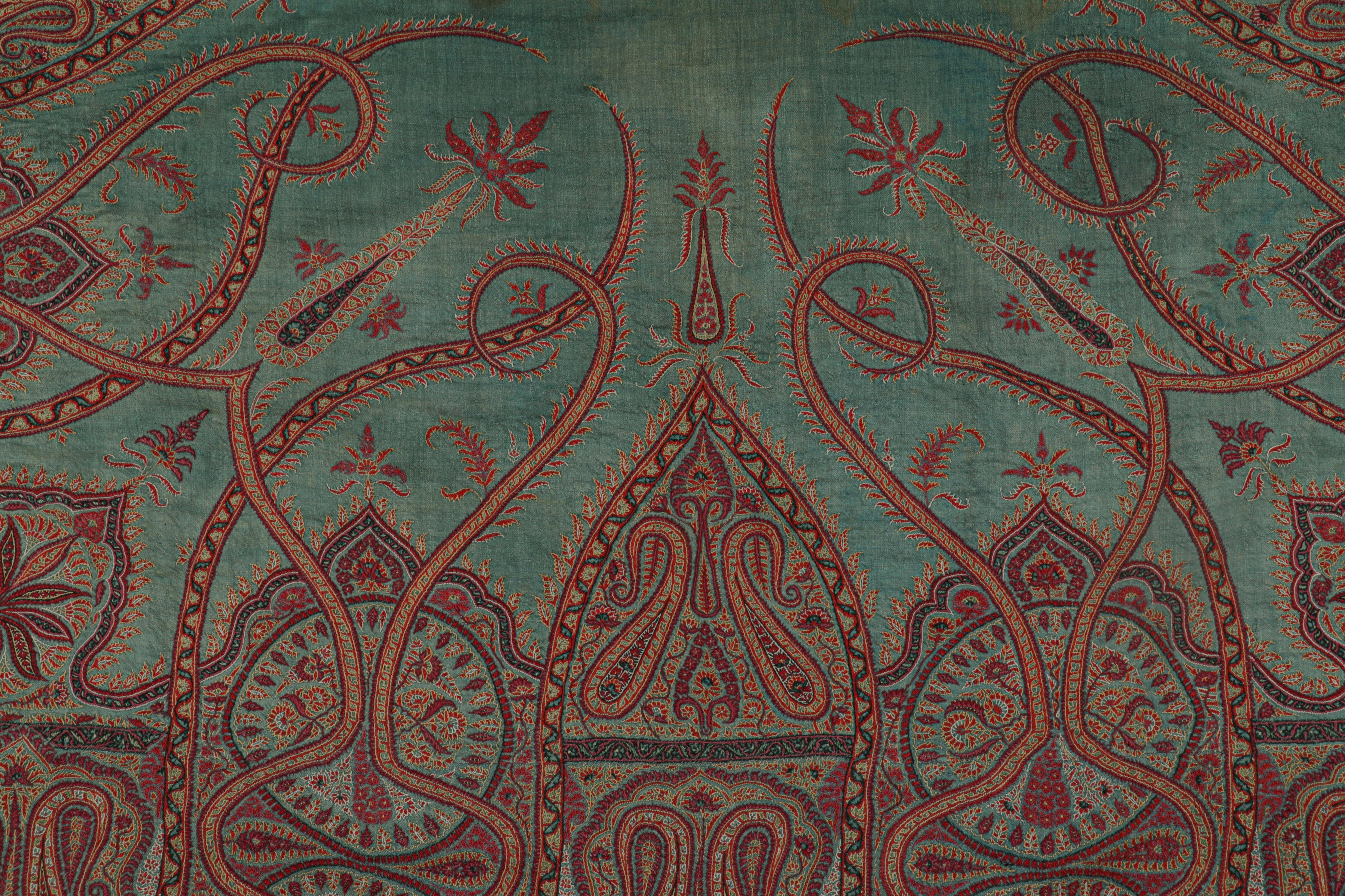 Antique Art Nouveau Indian Shawl with Florals and Teal Medallion  Rug & Kilim For Sale 1