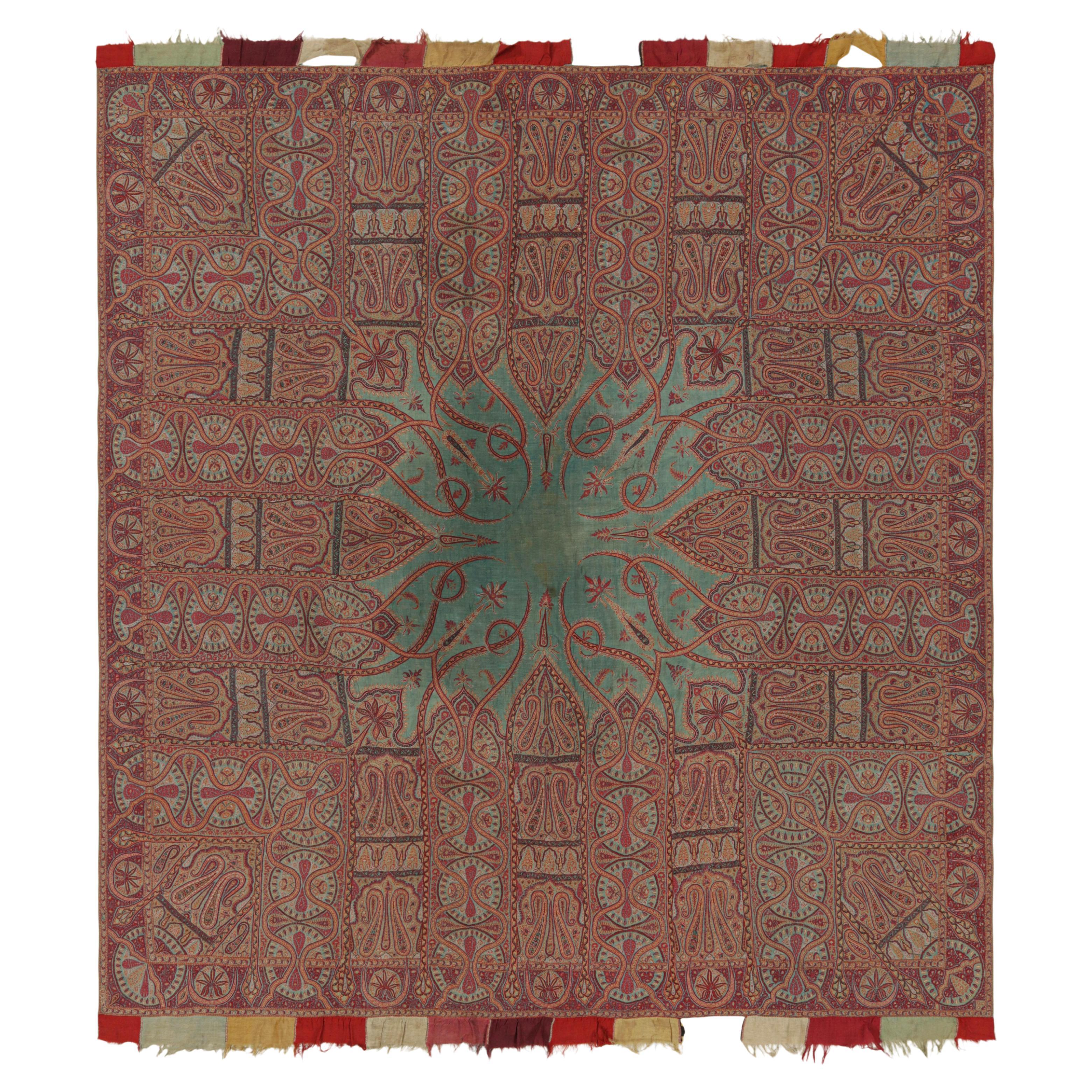 Antique Art Nouveau Indian Shawl with Florals and Teal Medallion  Rug & Kilim For Sale
